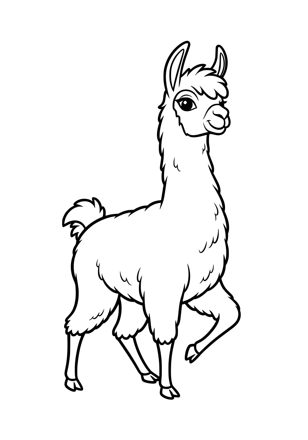 Cartoon llama with fluffy fur and a sweet smile, standing and lifting one leg.