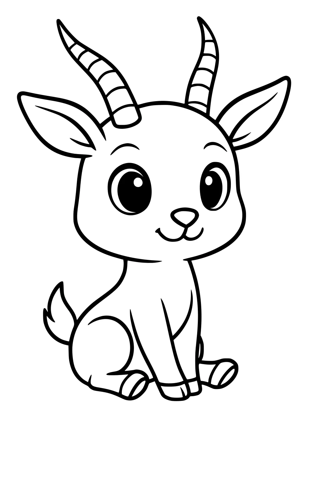 Cartoon-style gazelle antelope sitting, with big eyes, striped horns, upright ears, and small tail facing forward.
