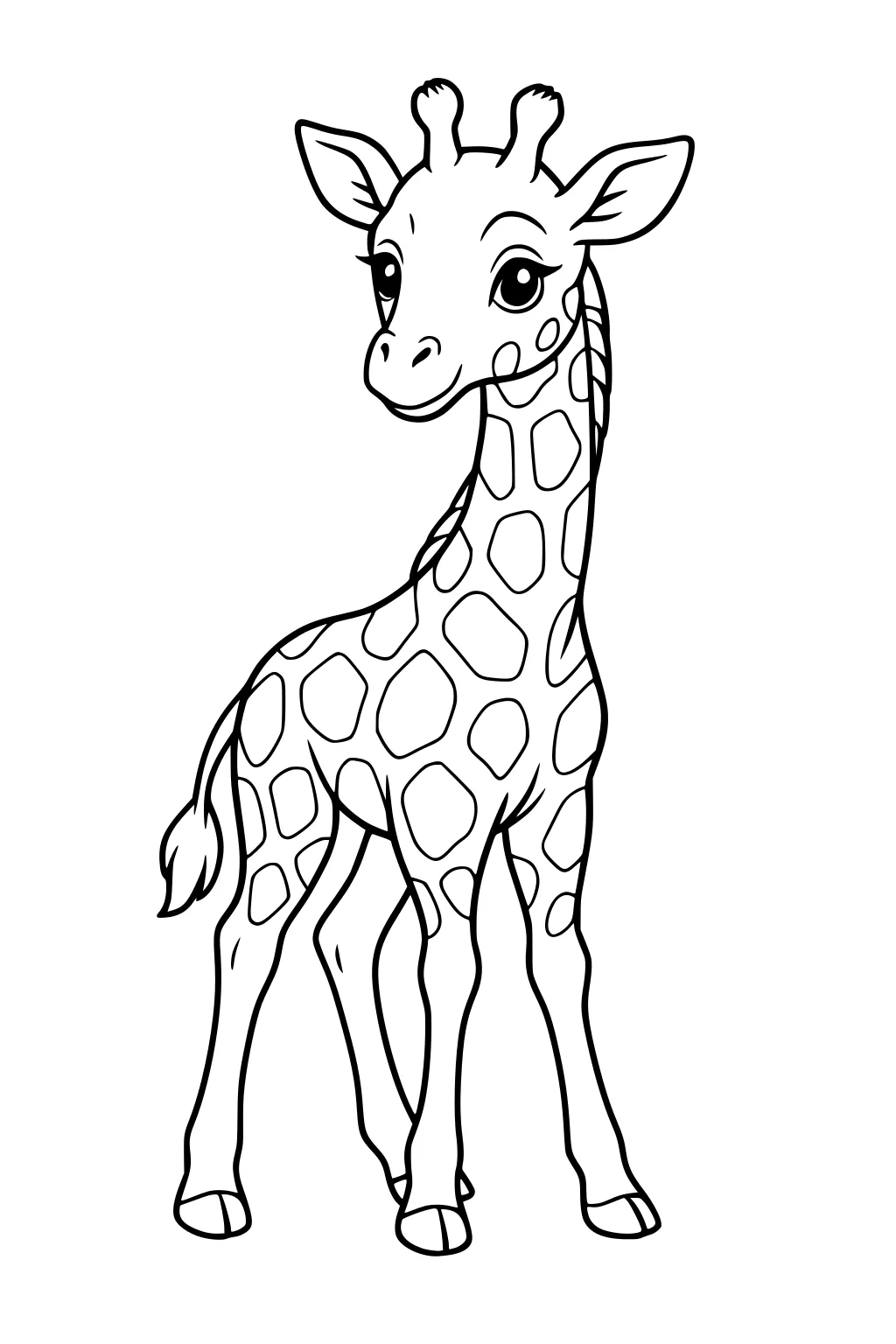 Line drawing of a smiling young giraffe with big eyes, two horns, long legs, a short tail, and classic giraffe spots.