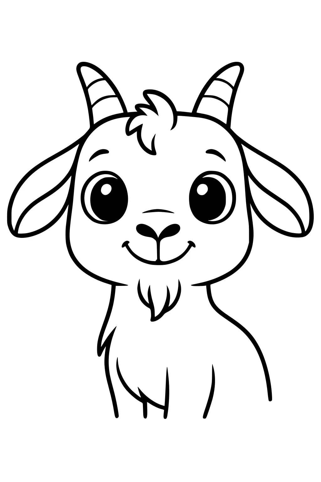 Cartoon goat with big round eyes, striped horns, soft chin tuft, and floppy ears facing forward.