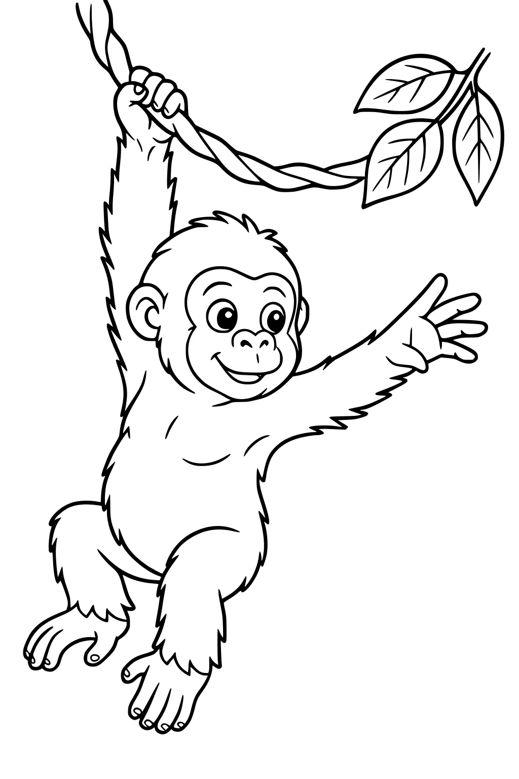 Young gorilla with wide eyes swinging from a leafy vine, one arm outstretched and smiling.
