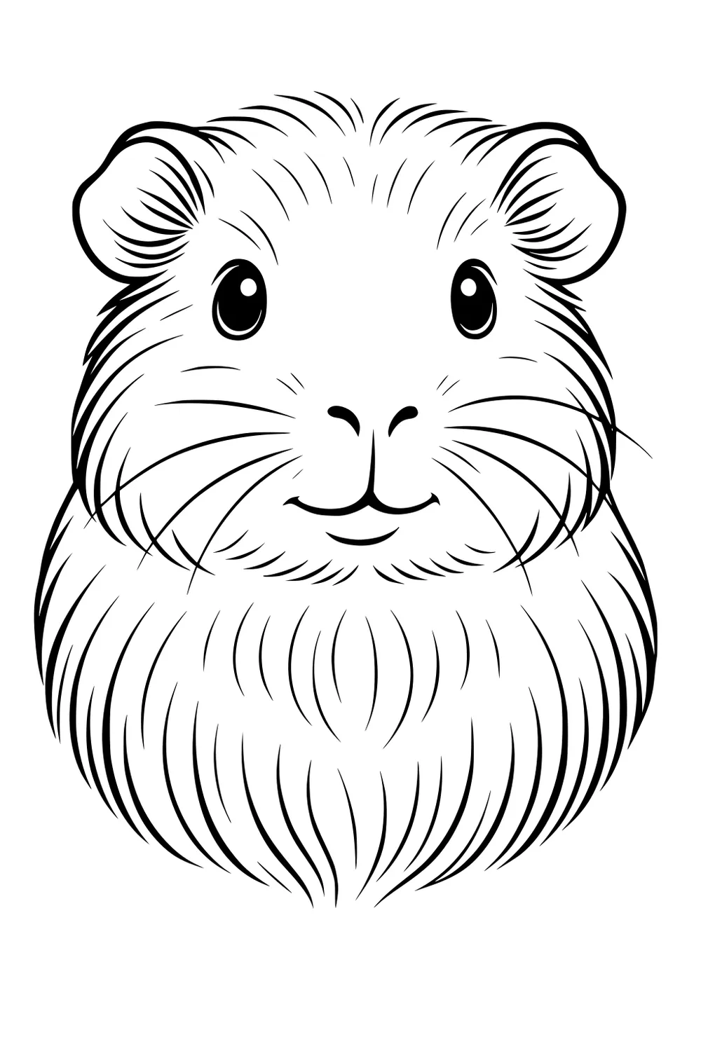Front view of a guinea pig face with round eyes, fluffy fur, and short ears on a plain background.