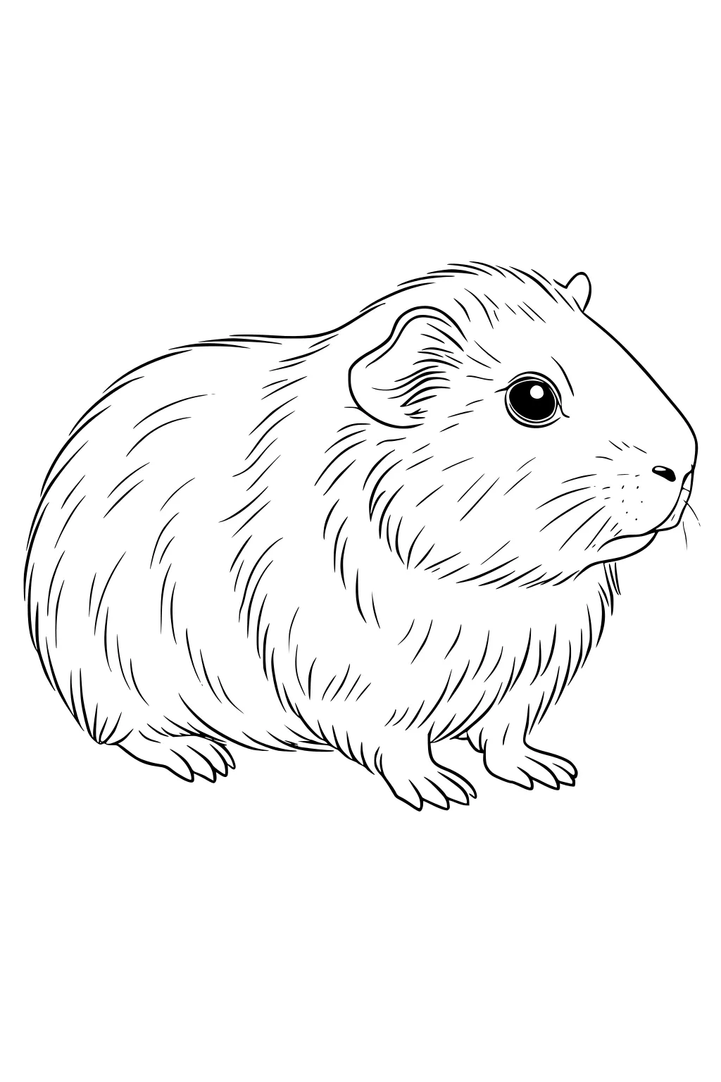 Guinea pig with round body, large eye, and soft furry texture, sitting and looking to the right.