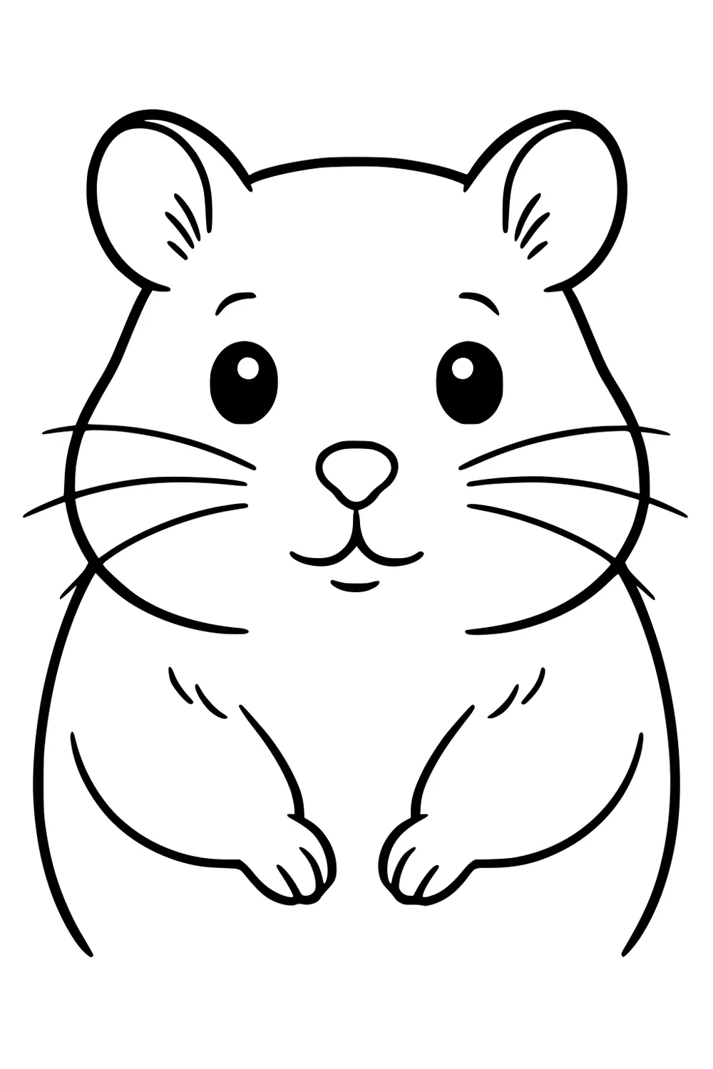 Front-facing hamster with big eyes, round ears, long whiskers, and small paws sitting upright.
