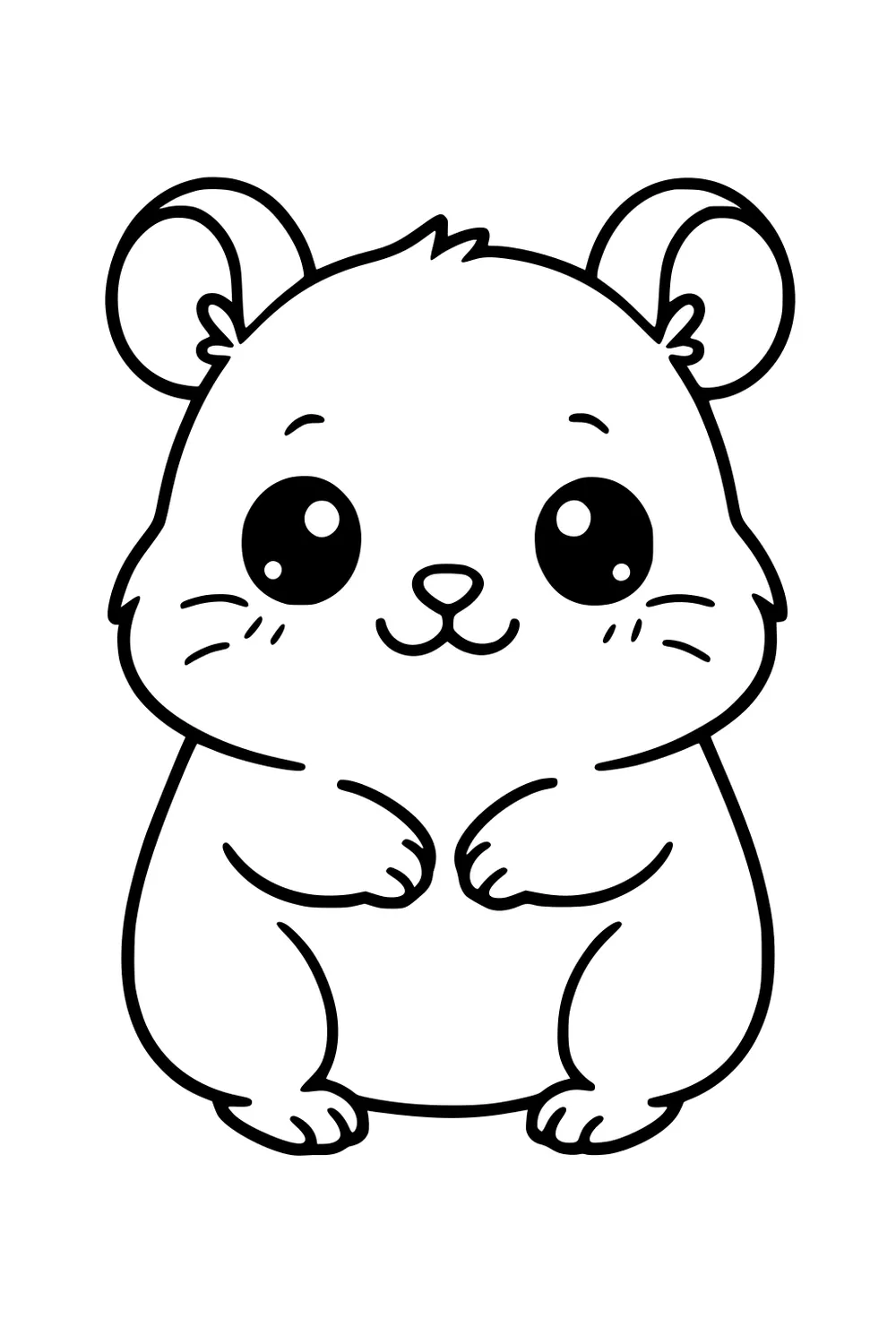 Simple line drawing of a chubby hamster with big eyes, small ears, and little paws pressed together.