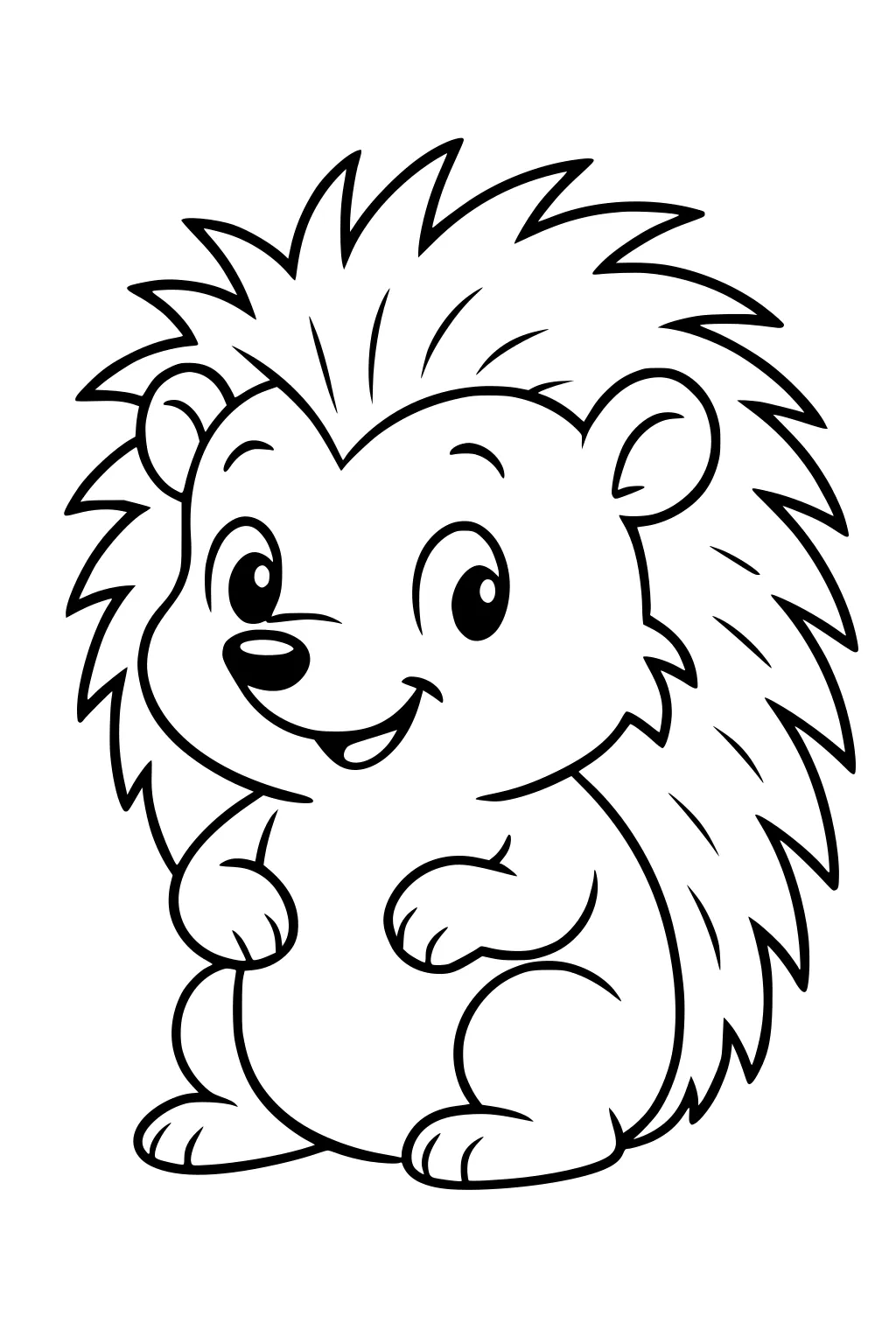 Cartoon hedgehog with a round body, big eyes, smiling mouth, spiky quills, small paws, and rounded ears.