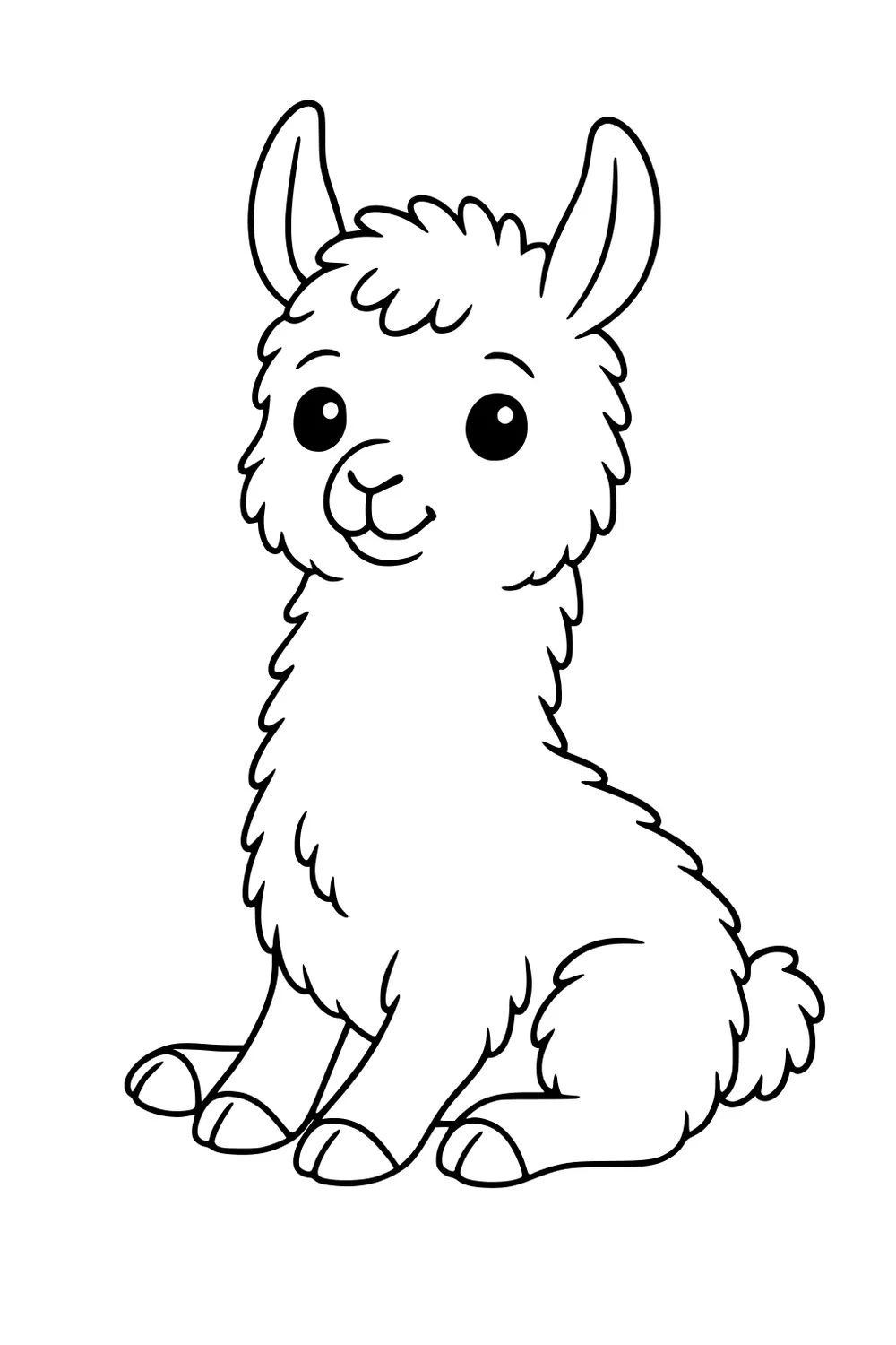 Cartoon llama sitting with fluffy wool, large eyes, upright ears, and a tiny tail, facing slightly to the left.