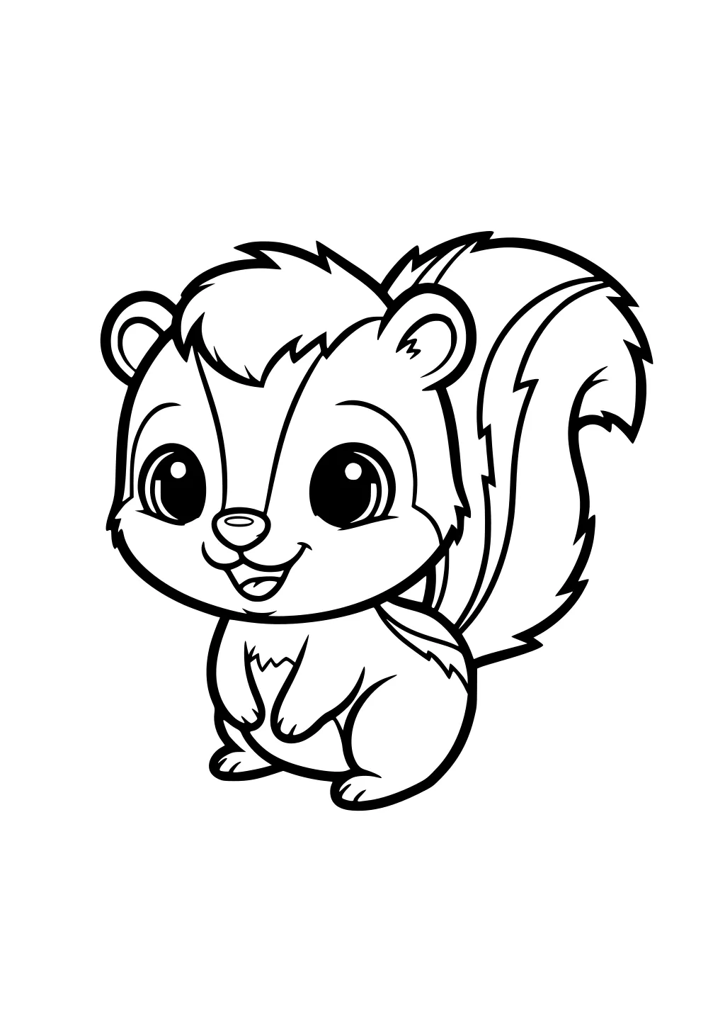 Cute cartoon skunk with big eyes and fluffy striped tail, sitting upright and smiling on a plain white background.