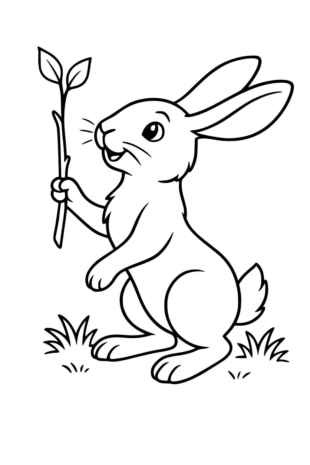 Hare with long ears sitting on grass, holding a twig with leaves in its paw.