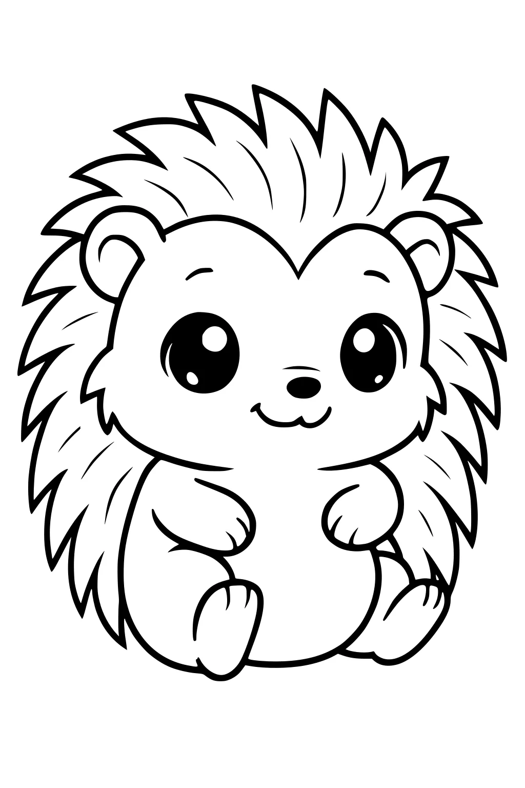 Cartoon hedgehog with round eyes, pointy quills, and small paws, sitting upright and smiling.