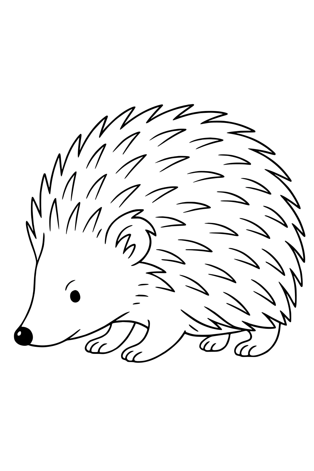 Simple drawing of a hedgehog with a spiky back, pointed nose, round eye, and four short legs.