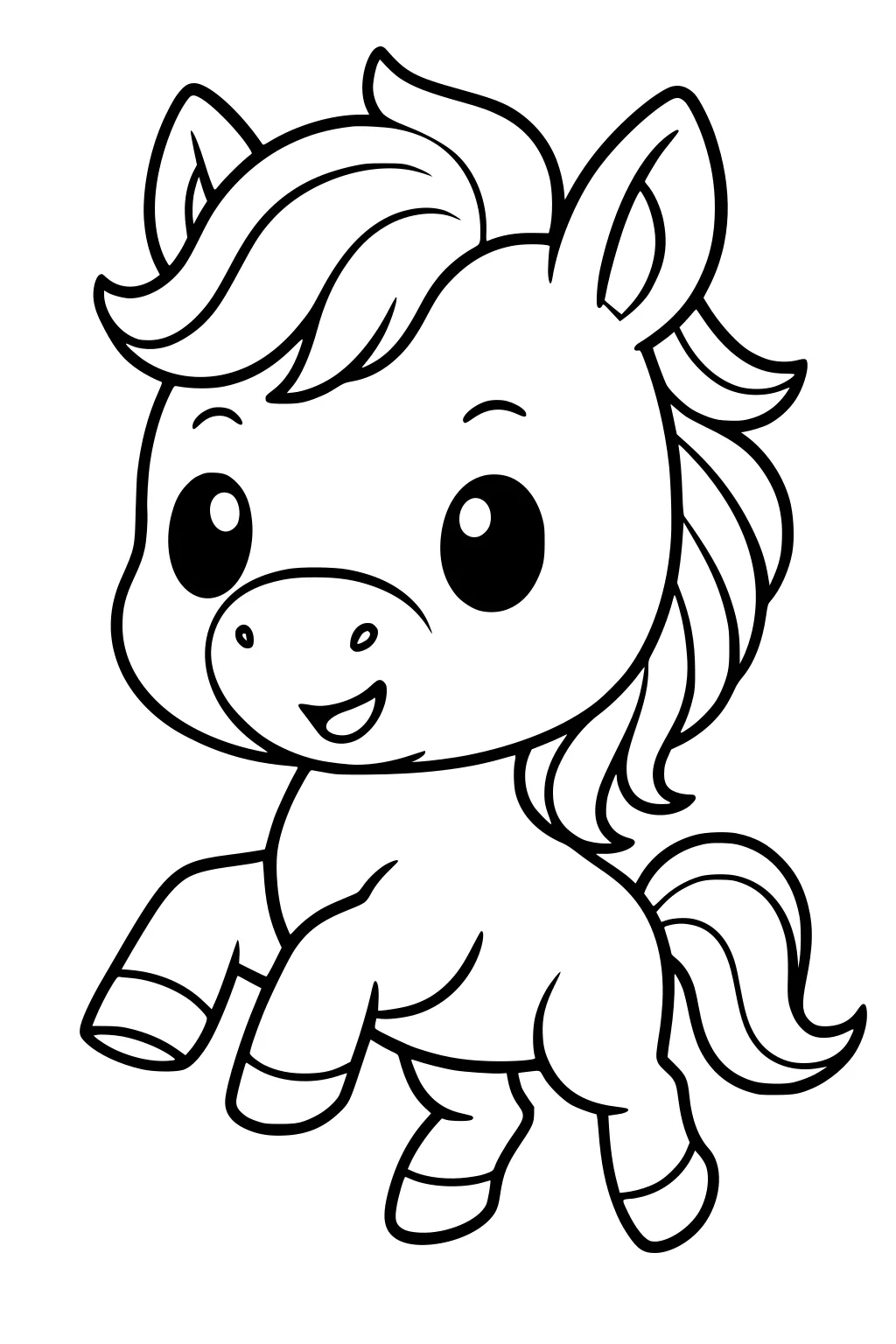 Cartoon pony with one front leg raised, big eyes, fluffy mane, perky ears, and wavy tail.