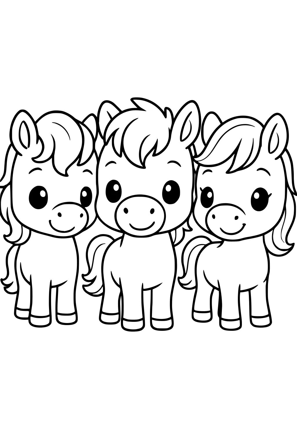 Three cartoon horses with fluffy manes and big round eyes, standing close together and smiling.