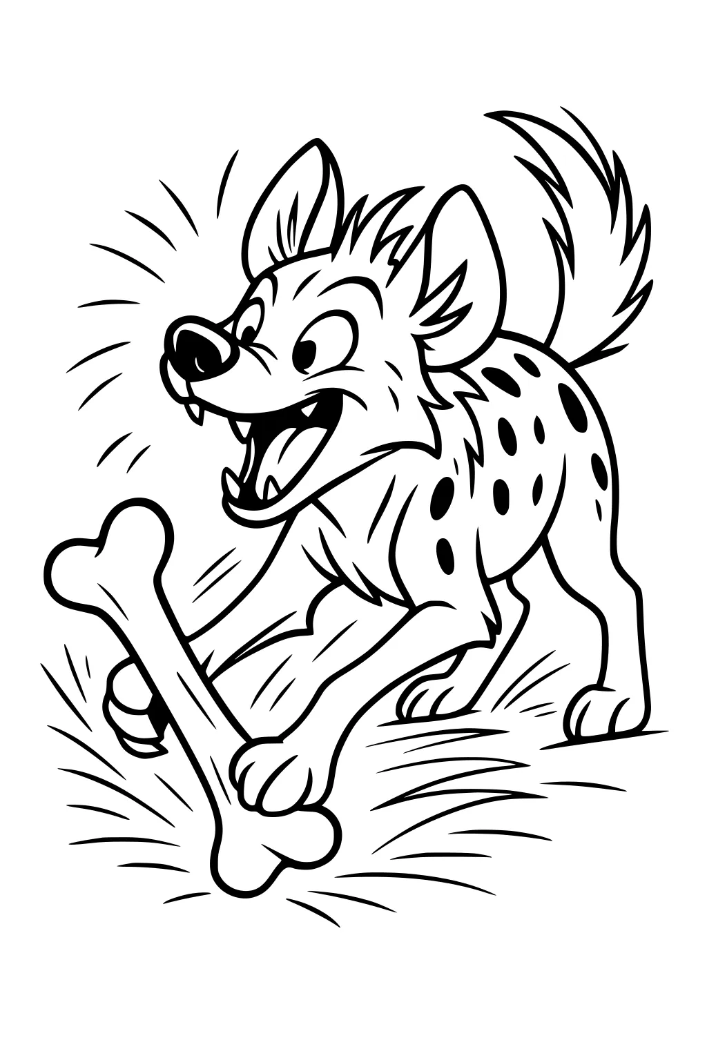 Cartoon hyena with black spots and big ears holding a large bone, smiling and standing among grass.