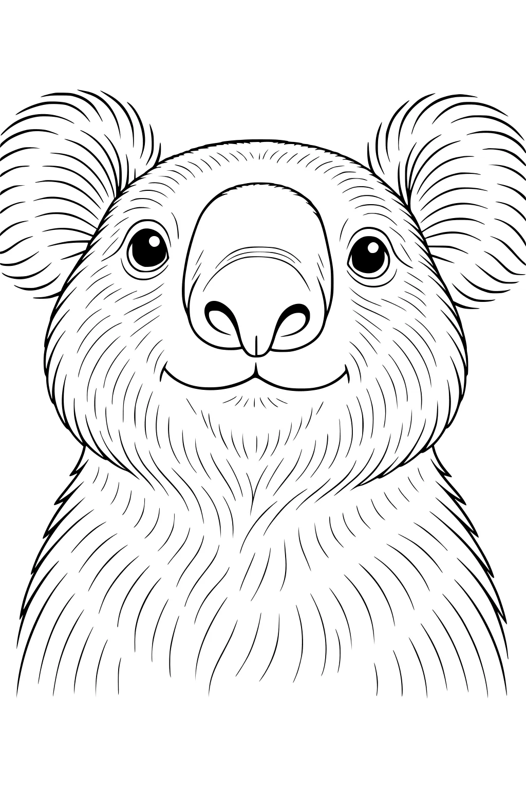Outline drawing of a koala face with large furry ears, round eyes, and a big nose.
