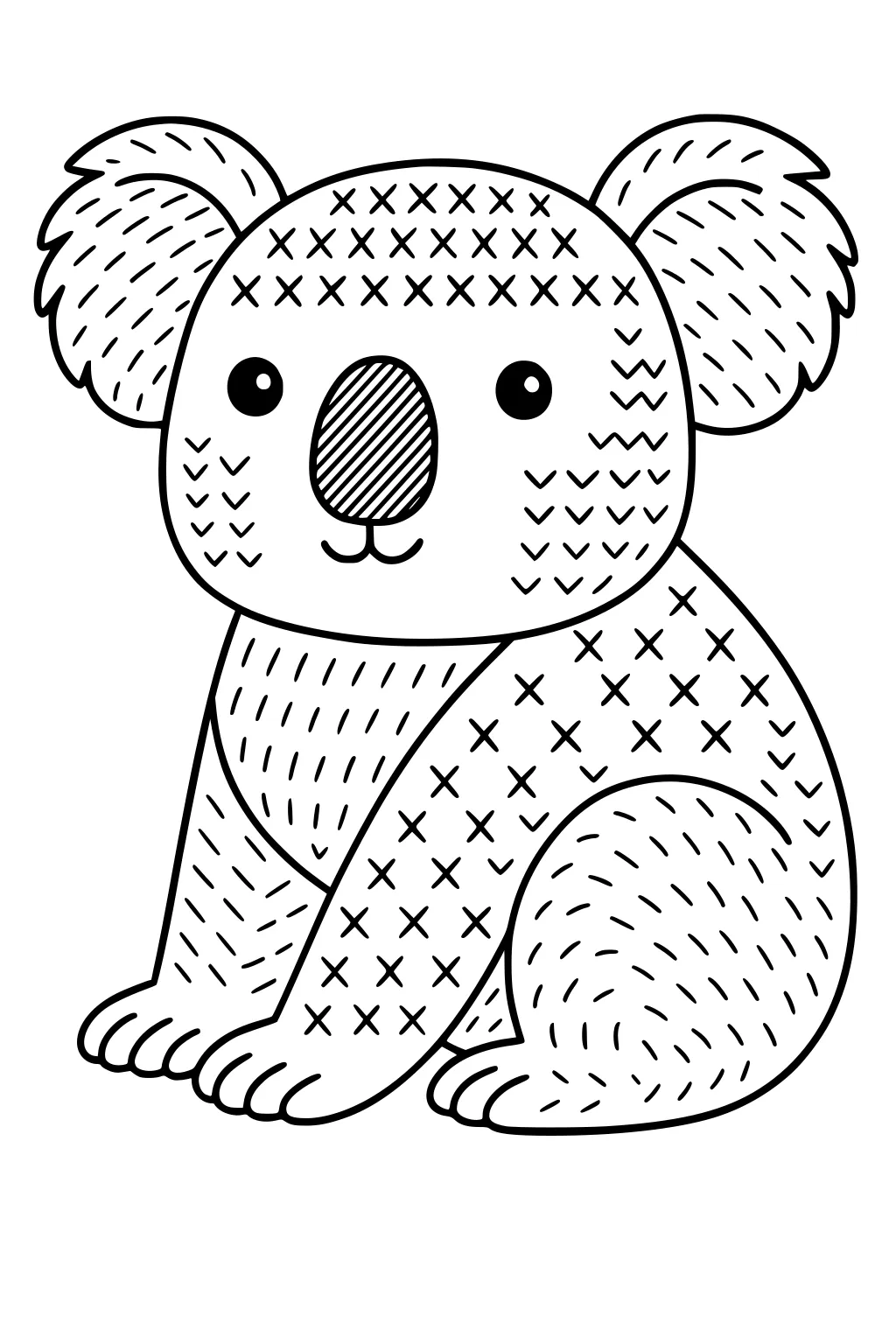 Cartoon koala sitting with big fluffy ears, button eyes, and patterned fur, looking forward with a gentle smile.