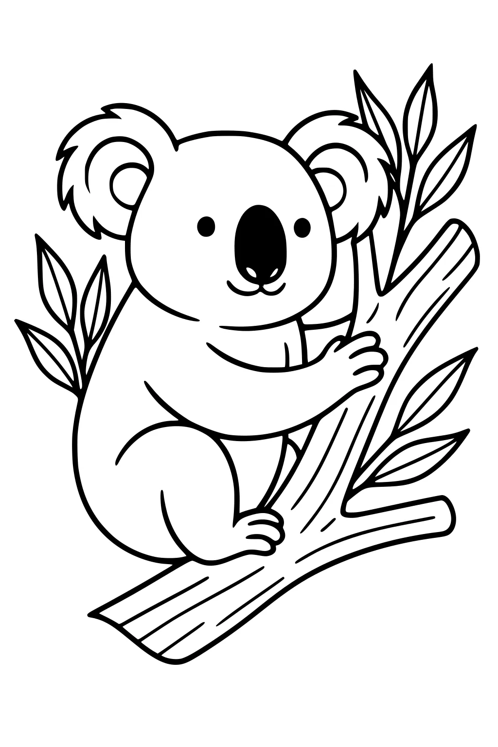 A koala with big ears holds onto a tree branch, surrounded by several leafy twigs.