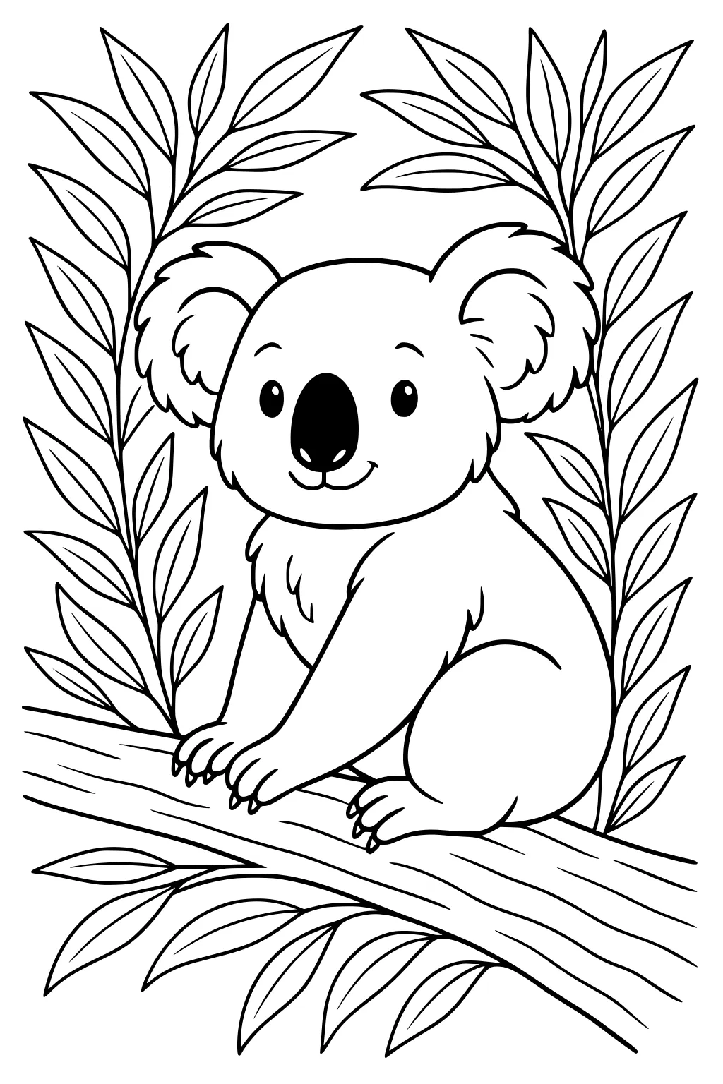 A koala sitting on a tree branch, surrounded by leafy branches with bold, cartoon-style outlines.