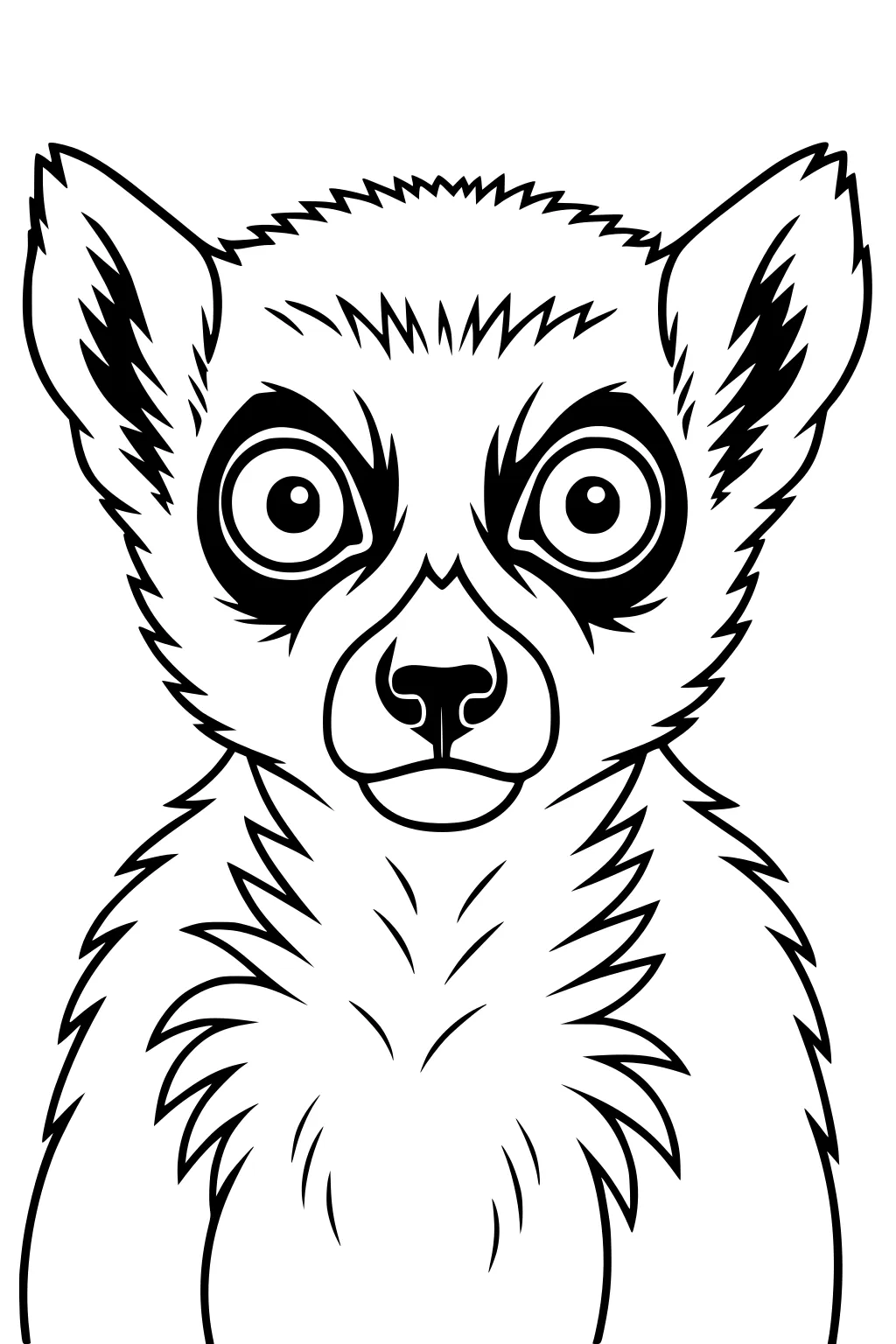 Outline drawing of a lemur with fluffy fur, big round eyes, black eye circles, and upright ears.