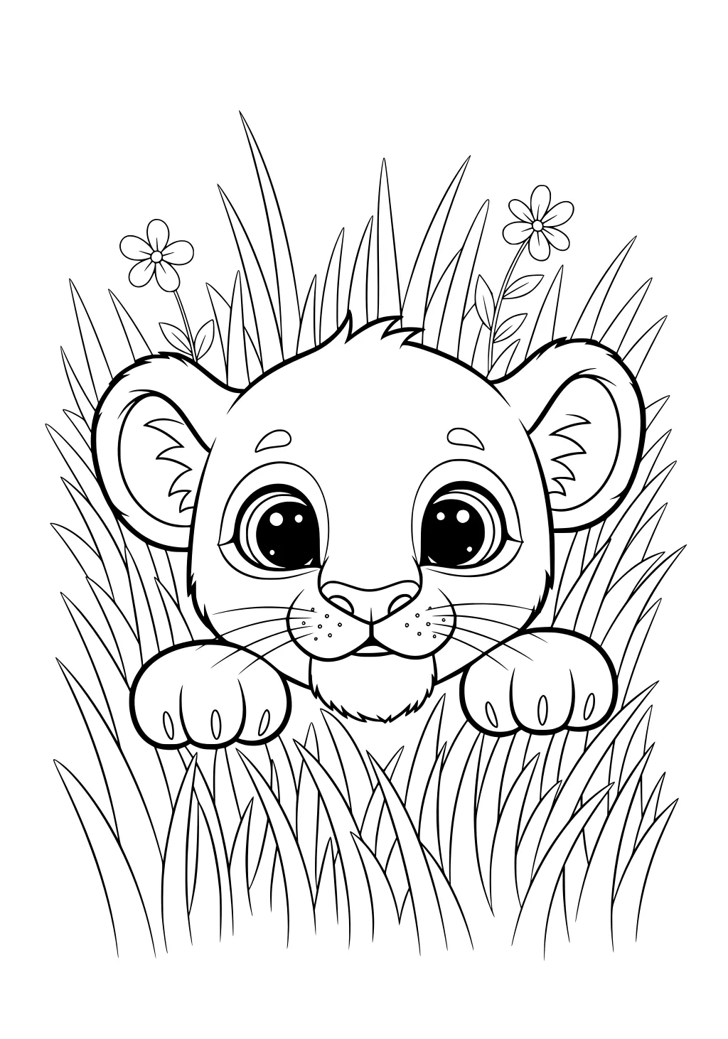 Lion cub with big eyes and paws peeking through tall grass and two flowers in the background.