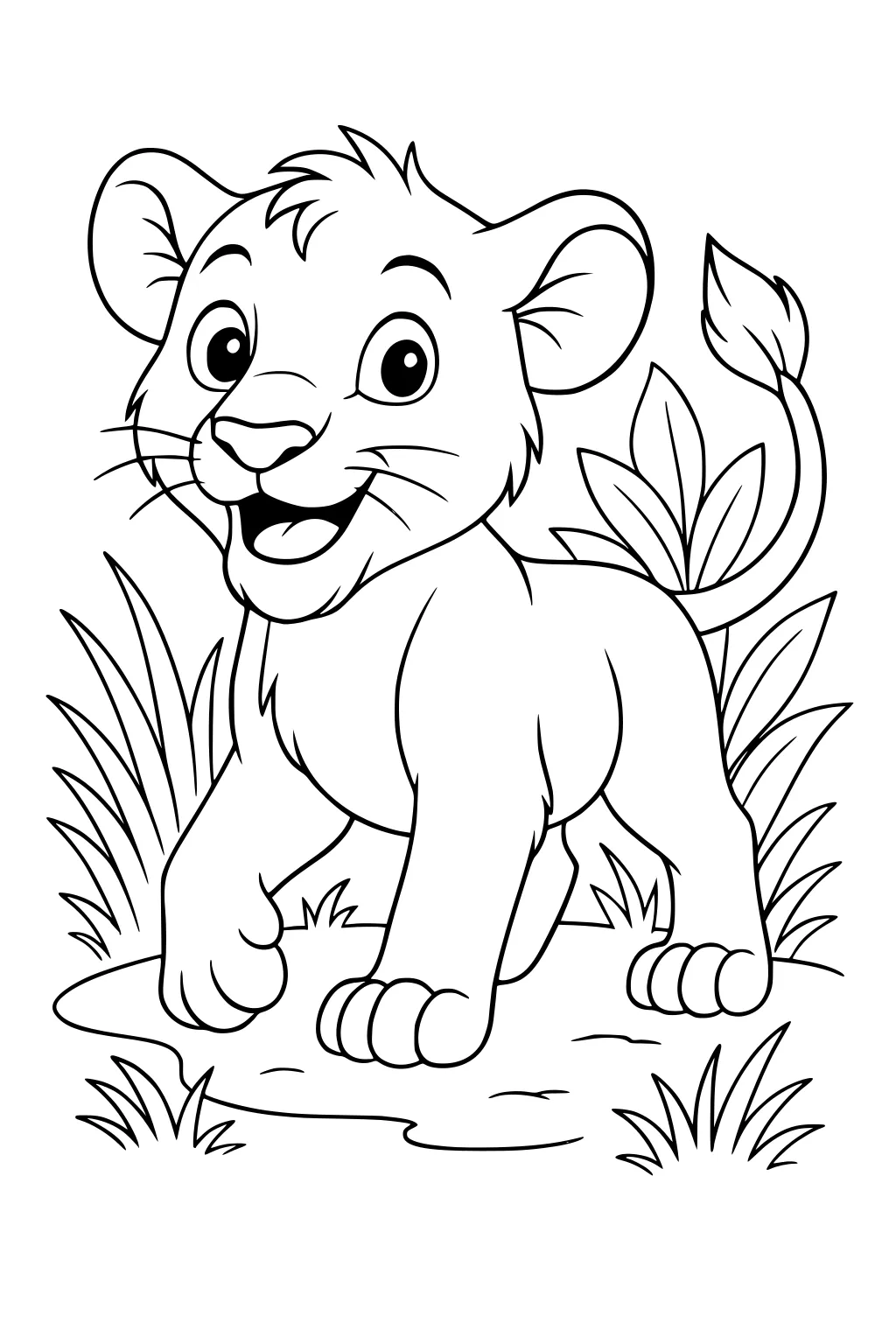 Smiling lion cub walking on jungle ground with big eyes, perky ears, and leafy plants in the background.