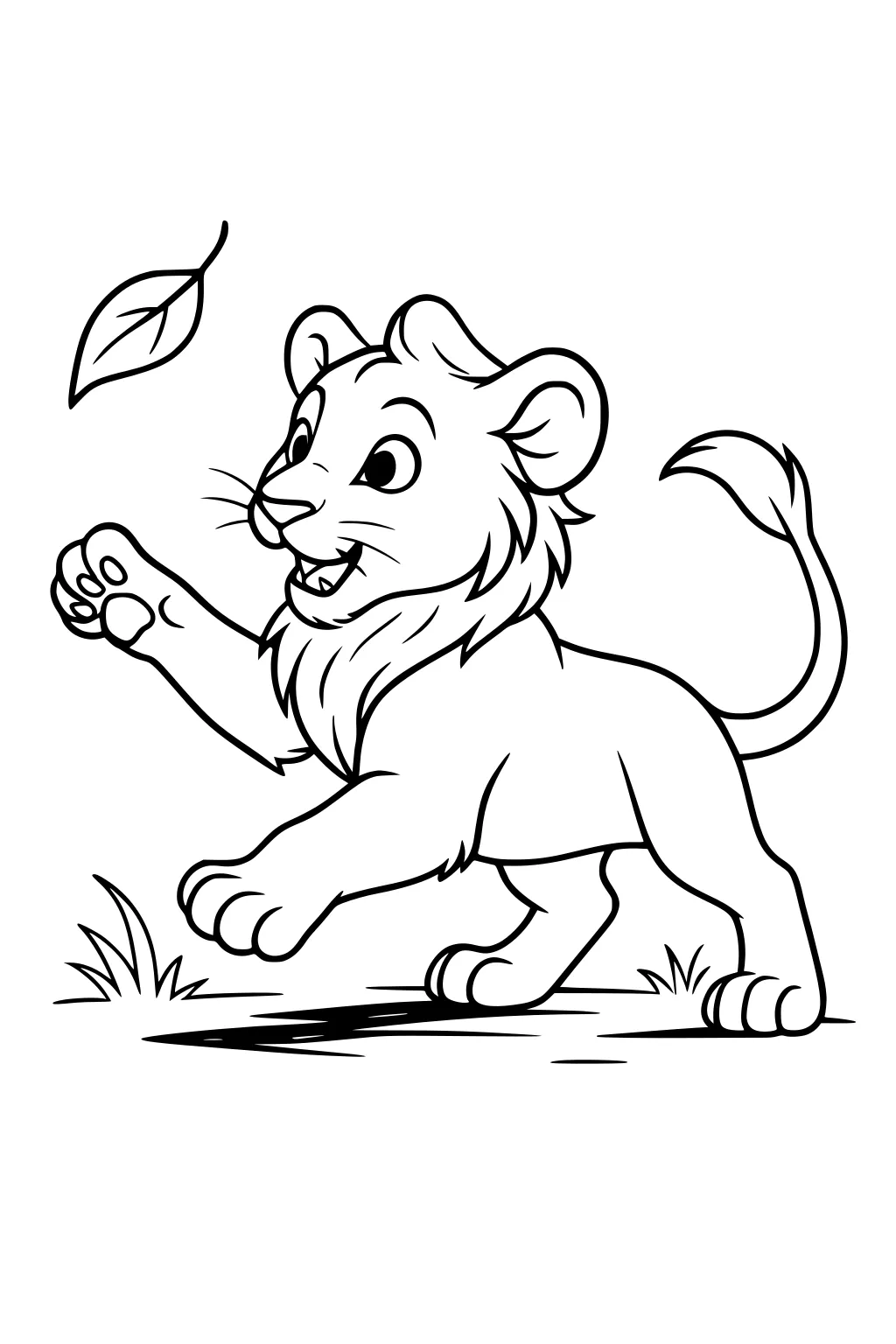 Young lion cub reaching up playfully toward a falling leaf, standing on grassy ground, with tail lifted.