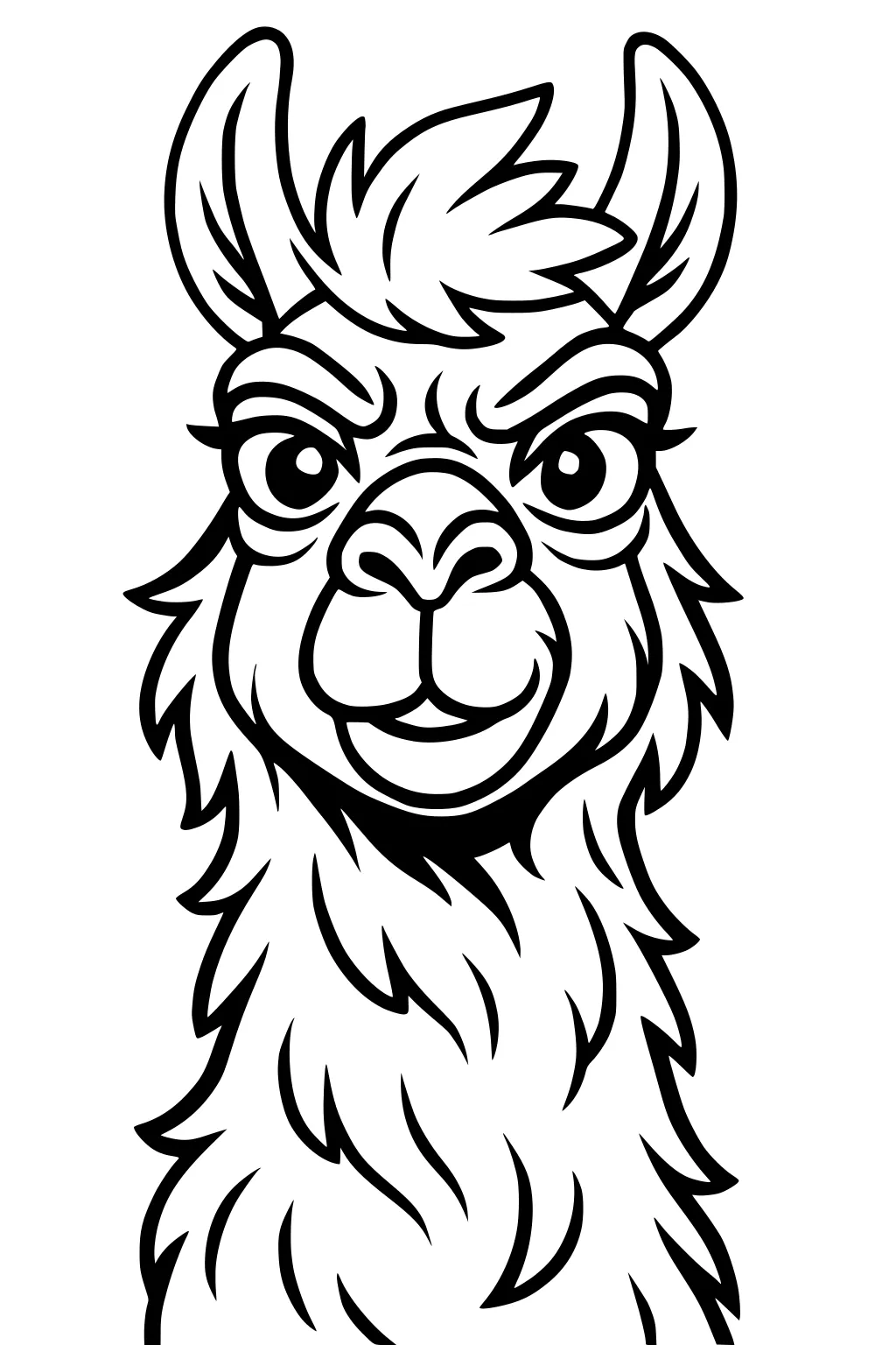 A wavy-haired llama with big eyes, upright ears, and a happy grin drawn in bold cartoon lines.