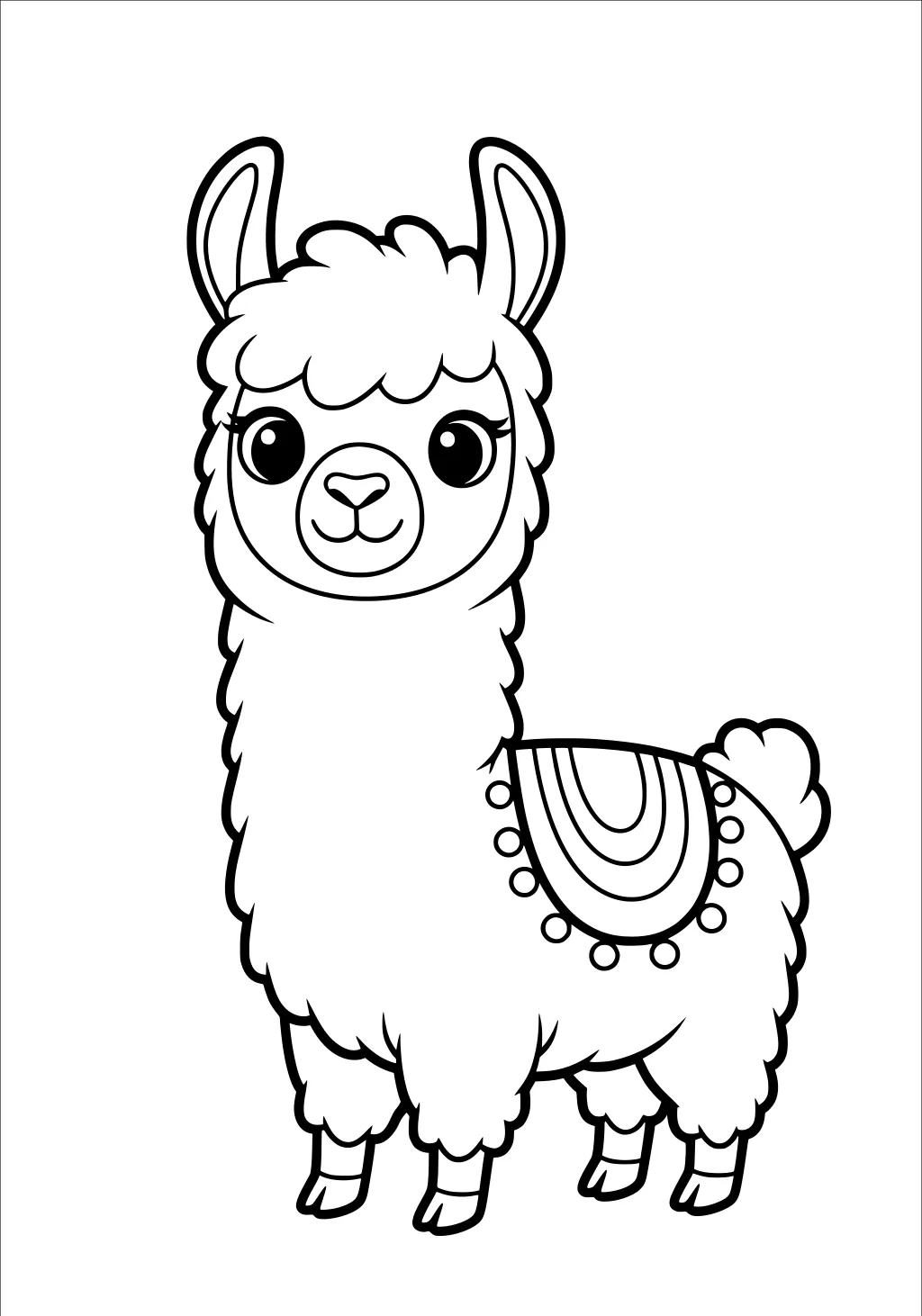A llama with fluffy fur and a patterned blanket on her back, standing and facing forward with large eyes and upright ears.