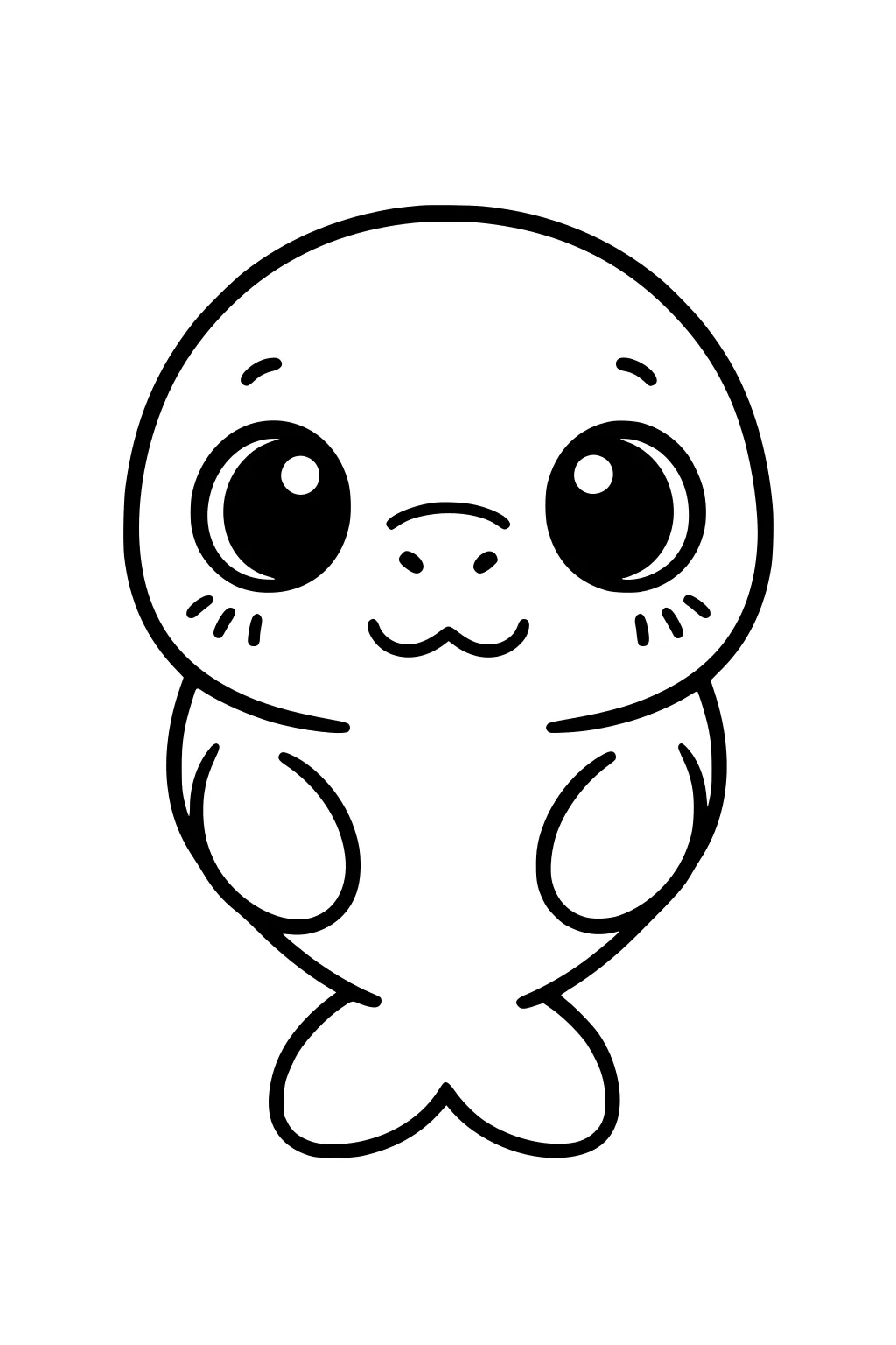 Cartoon manatee with a round head, large eyes, small smile, and front flippers close to its body in simple black outlines.