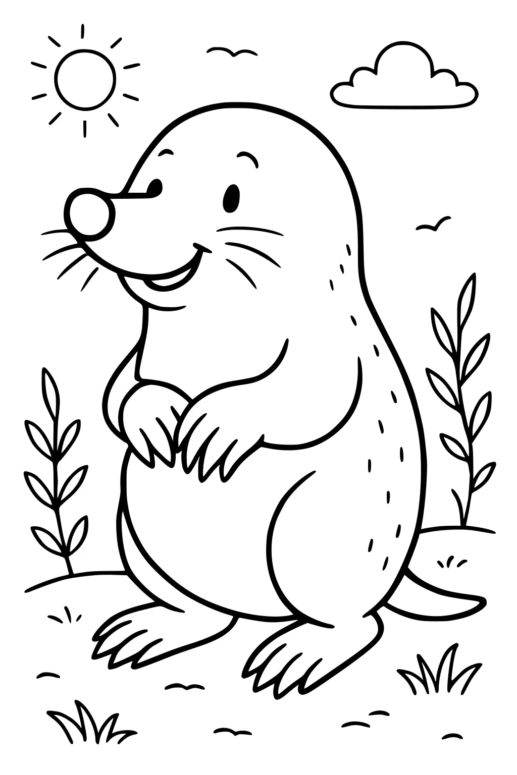Smiling cartoon mole standing on grass with plants, sun, cloud, and birds in a bright outdoor scene.