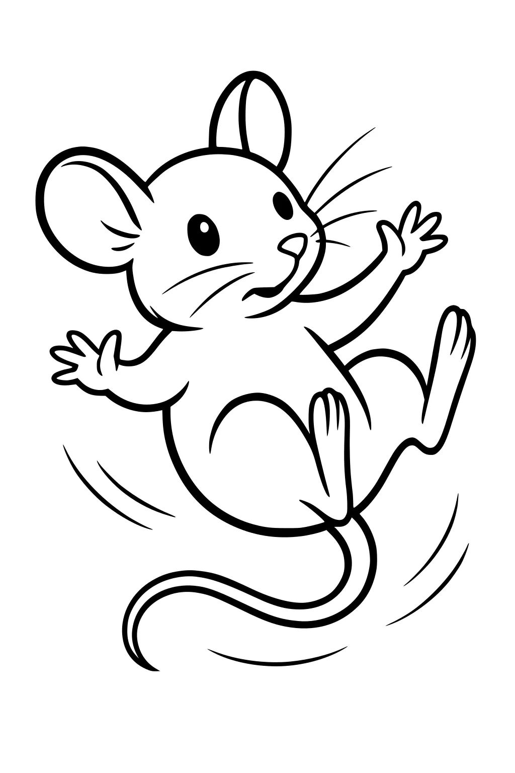 Cartoon mouse with big ears and long tail, spinning in mid-air with arms and legs splayed out.