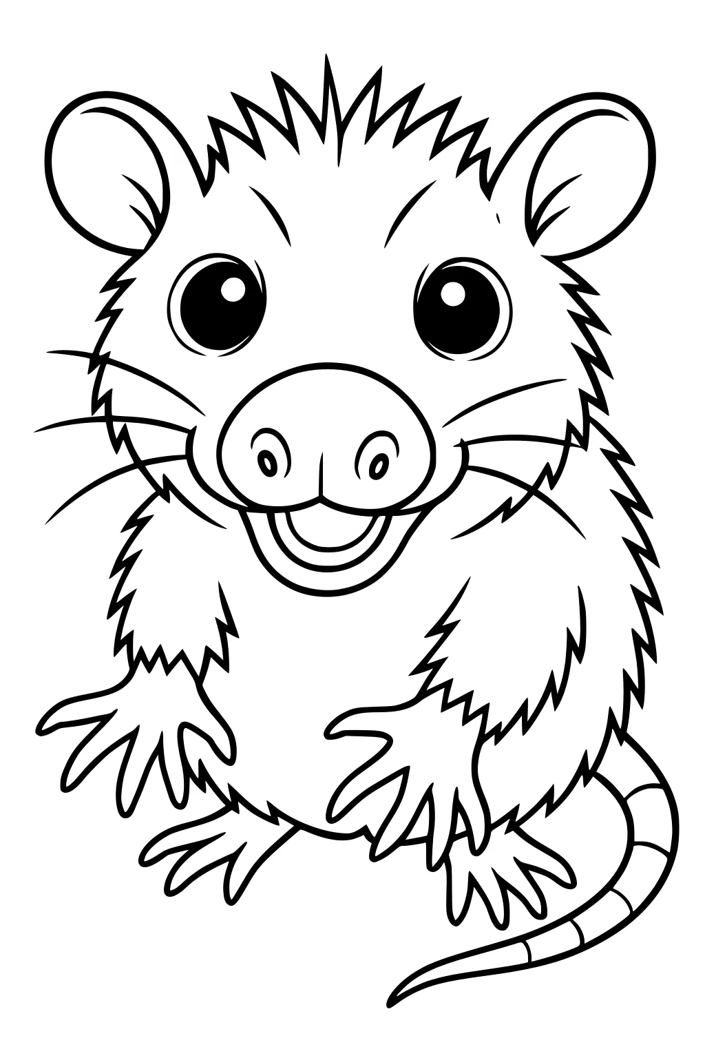 Cartoon opossum with shaggy fur, big eyes, a wide smile, large round ears, and long curling tail.