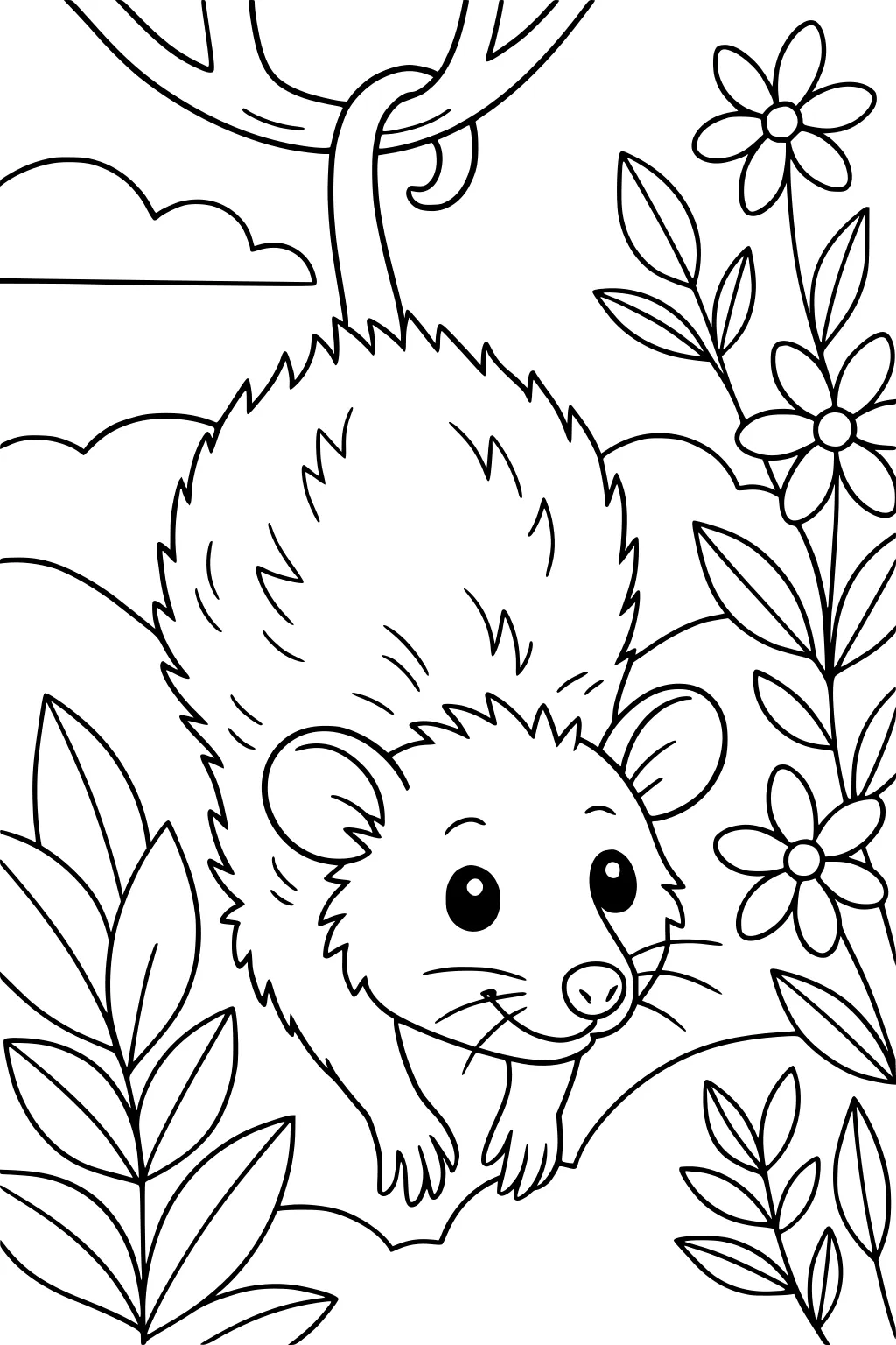 Cartoon opossum with a curled tail under a tree branch, standing among leaves, flowers, and clouds.