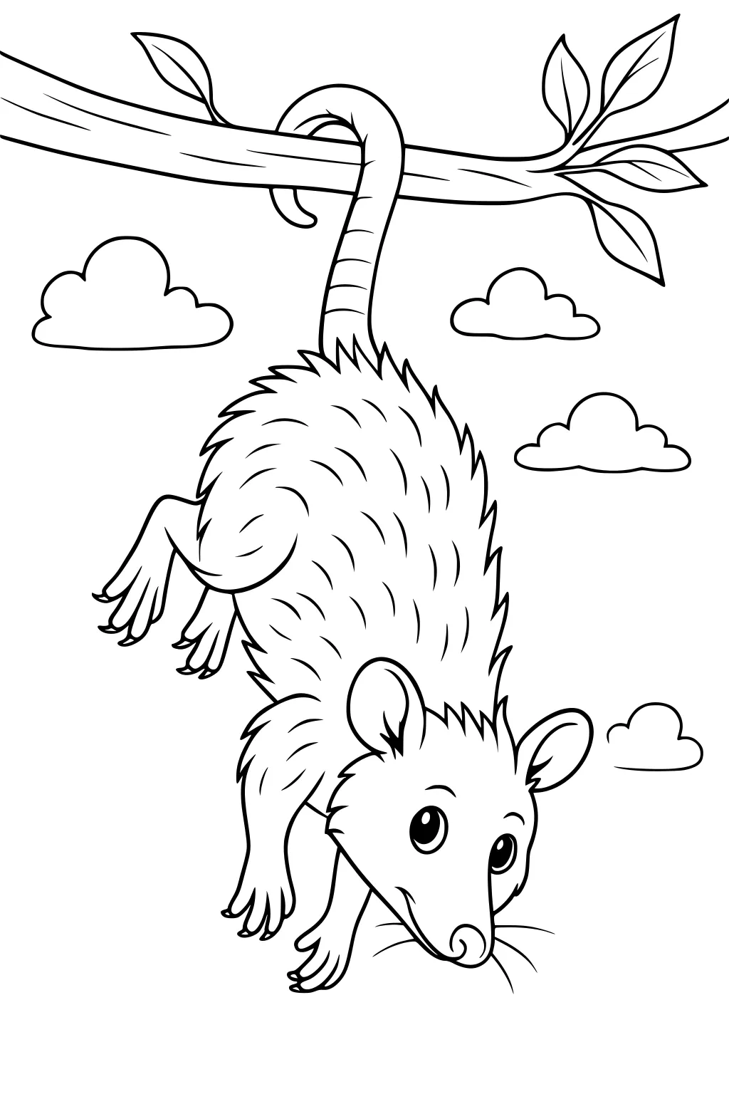 Opossum hanging upside down from a tree branch by its tail with clouds and leaves in the background.