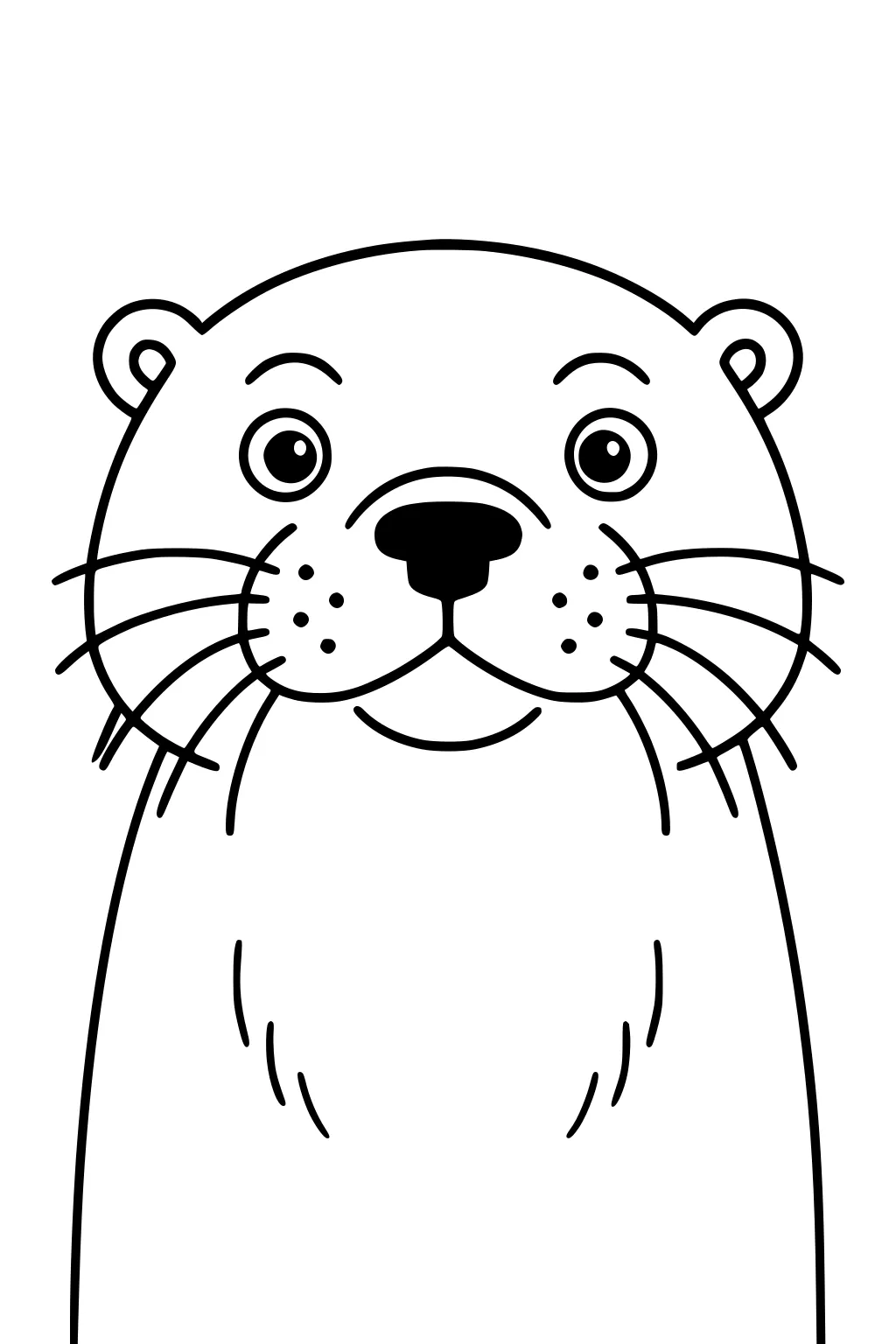Line drawing of an otter face with round ears, wide eyes, whiskers, and a big nose, filling the page.