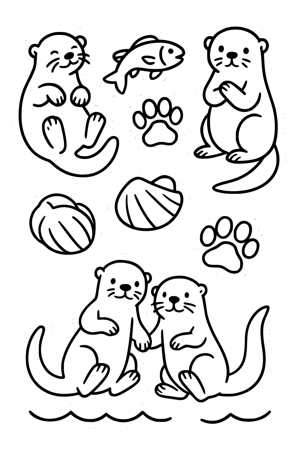 Otters holding hands, swimming otter, upright otter, fish, paw prints, seashells, and water waves.