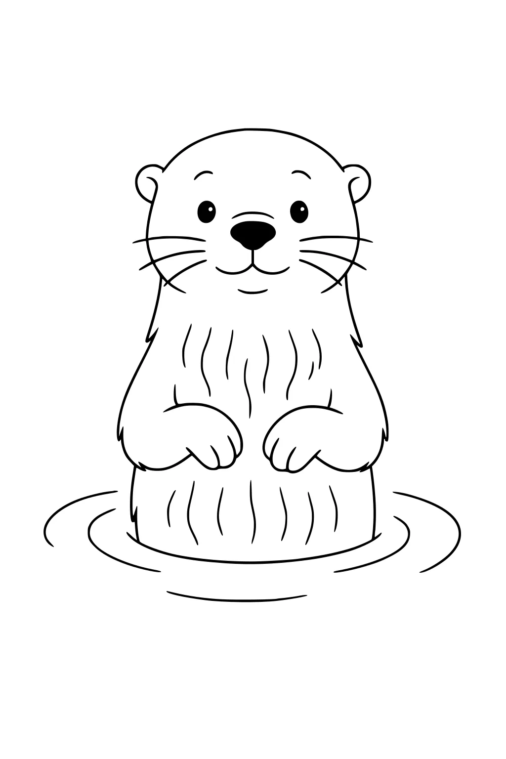 Cartoon otter with whiskers and round paws sitting upright in water, outlined in simple black lines.