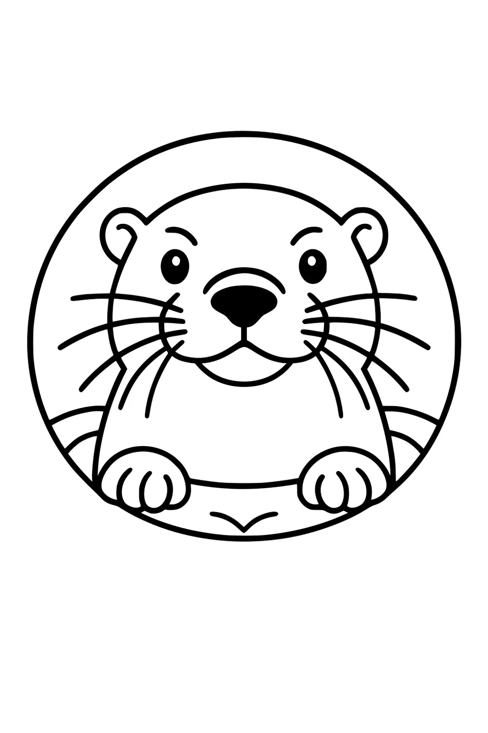 Outlined drawing of an otter face with paws over a circle border, big whiskers and small round ears.