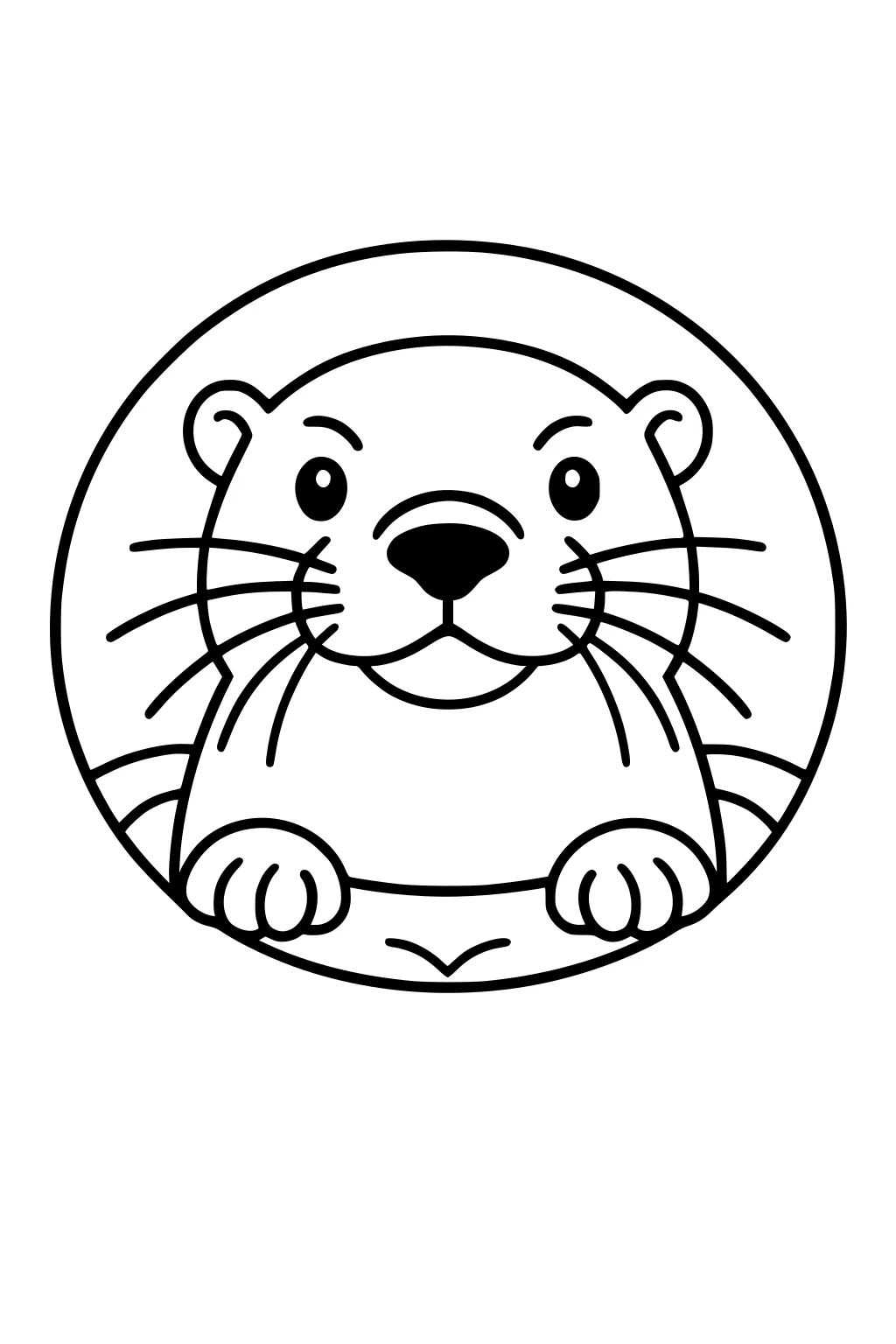 Outlined drawing of an otter face with paws over a circle border, big whiskers and small round ears.