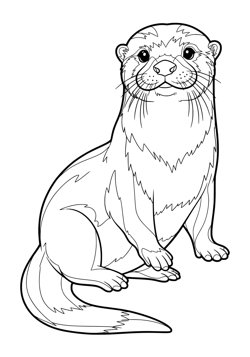 Otter sitting upright with large eyes, furry cheeks, a long tail, and extended whiskers in a simple line drawing.