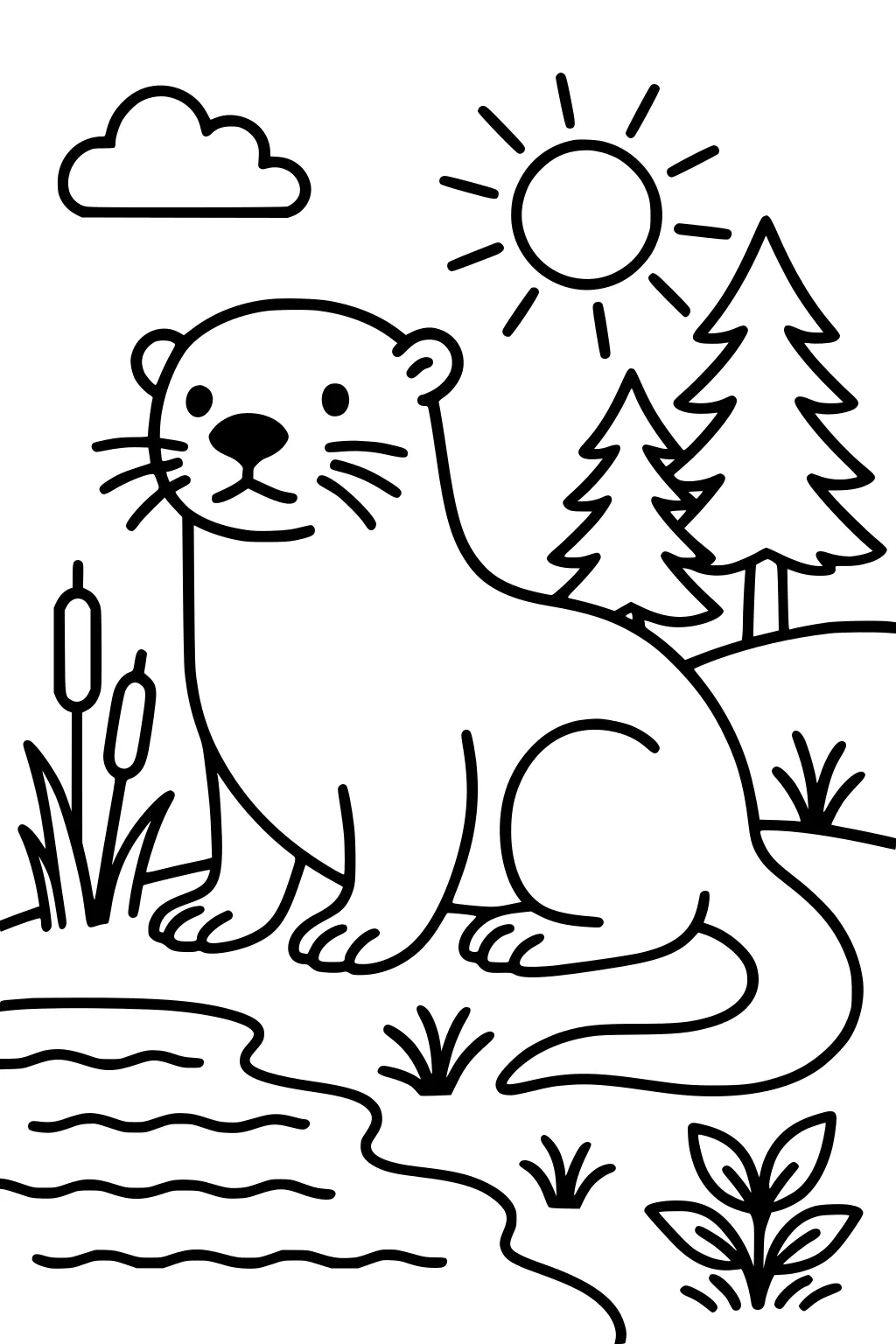 Otter sitting by a pond with cattails, pine trees, a sun, a cloud, and grassy plants.