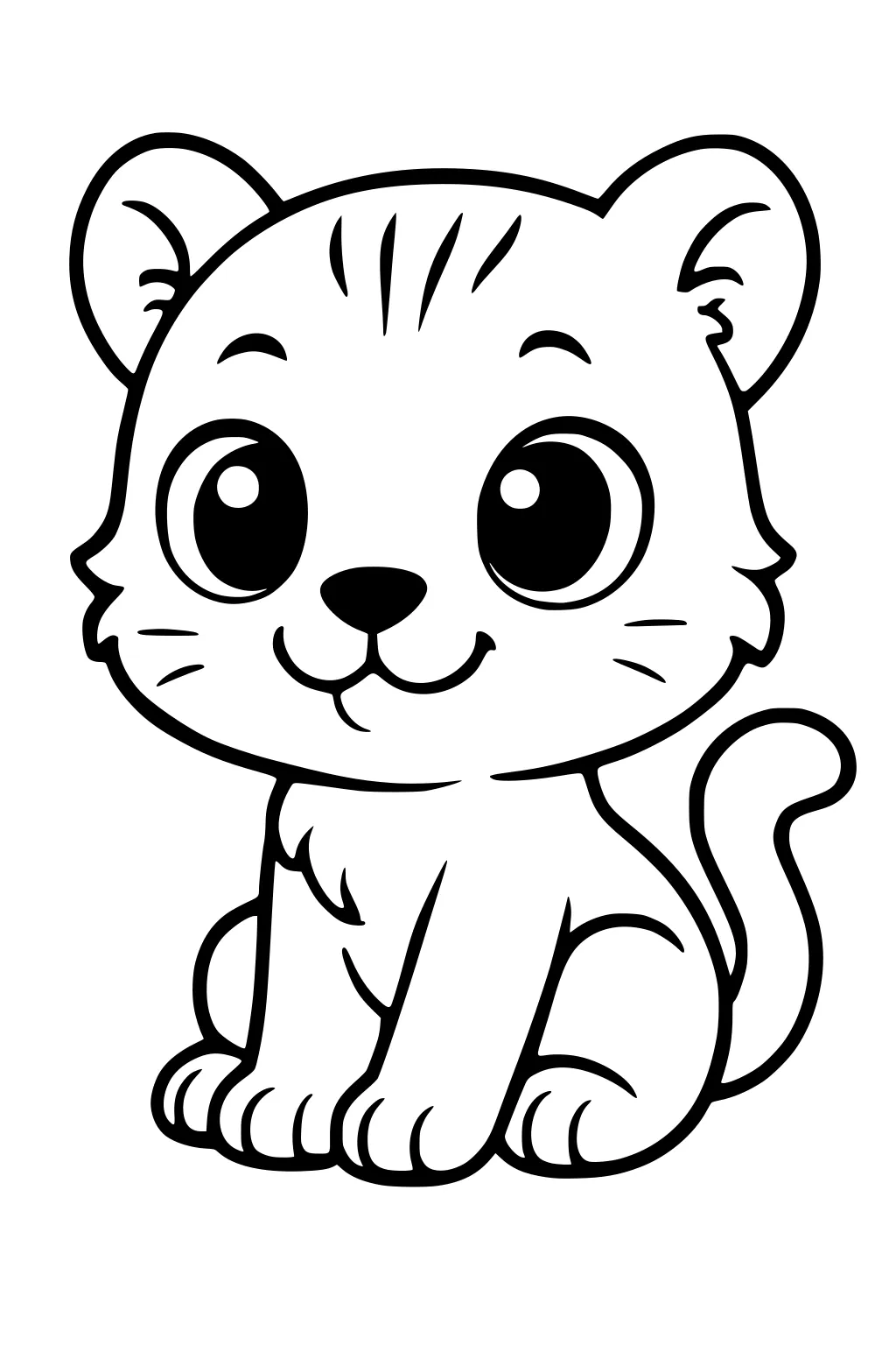 Cartoon panther cub sitting with big round eyes, smiling, upright ears, and a fluffy curved tail.