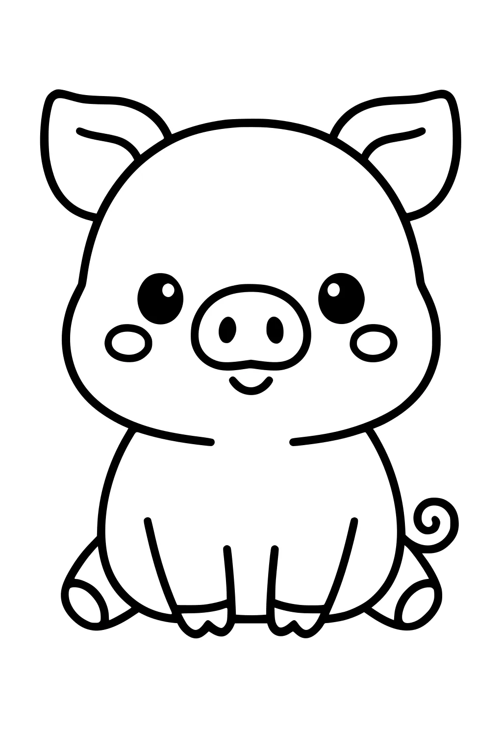 Cartoon pig with round head, large snout, perky ears, small feet, and a curly tail sitting facing forward.