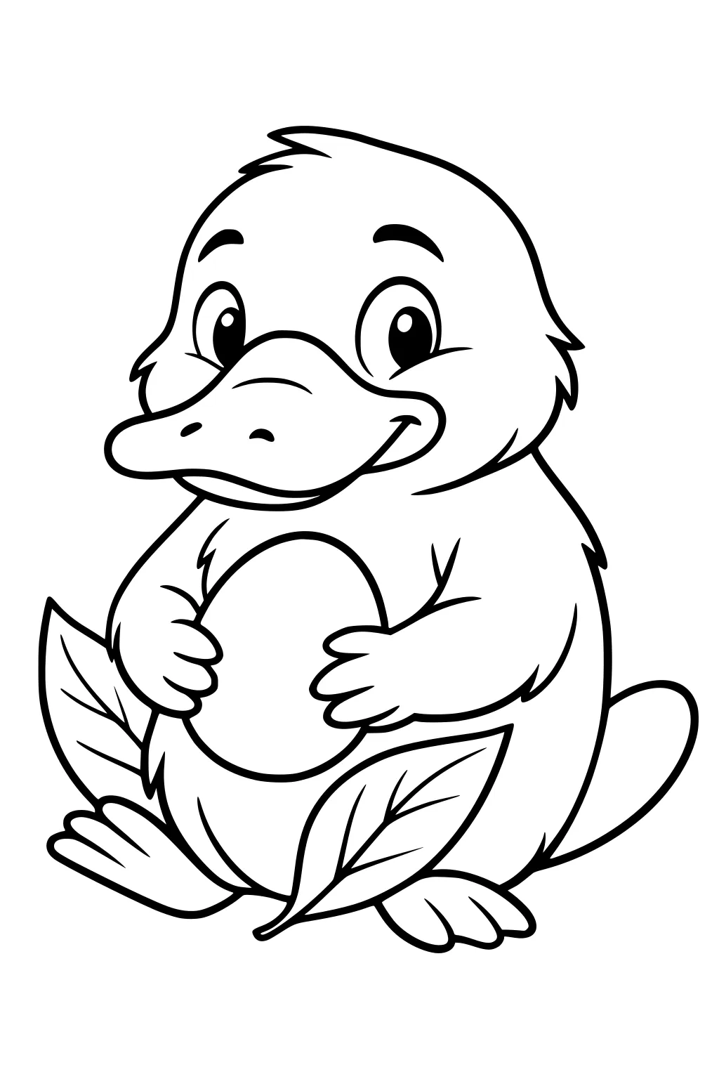 Cartoon platypus sitting with a big egg in its arms and large leaves at its feet, smiling happily.