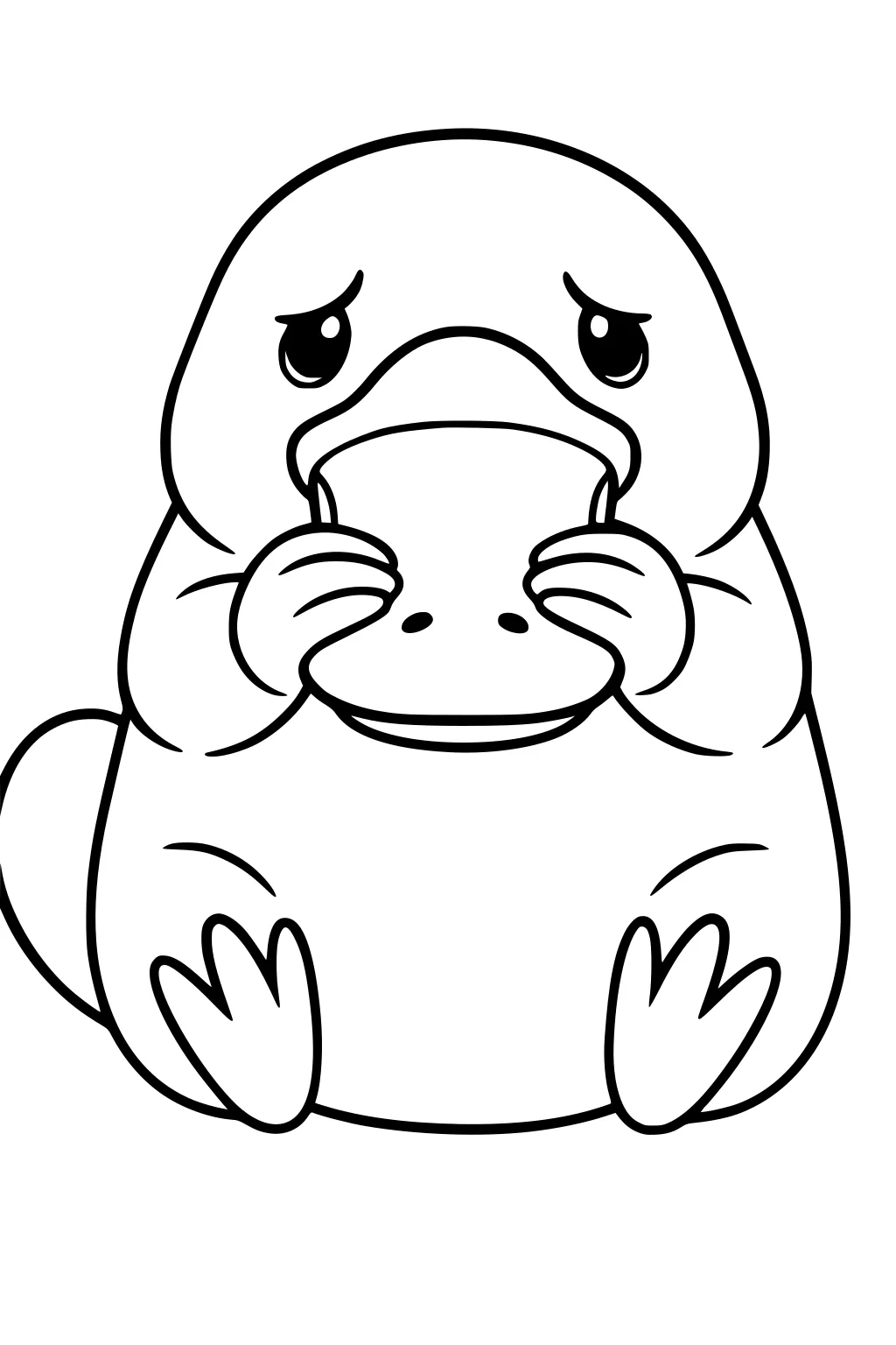 Cartoon baby platypus sitting, holding its bill with both hands, big eyes looking up, round body and stubby feet.