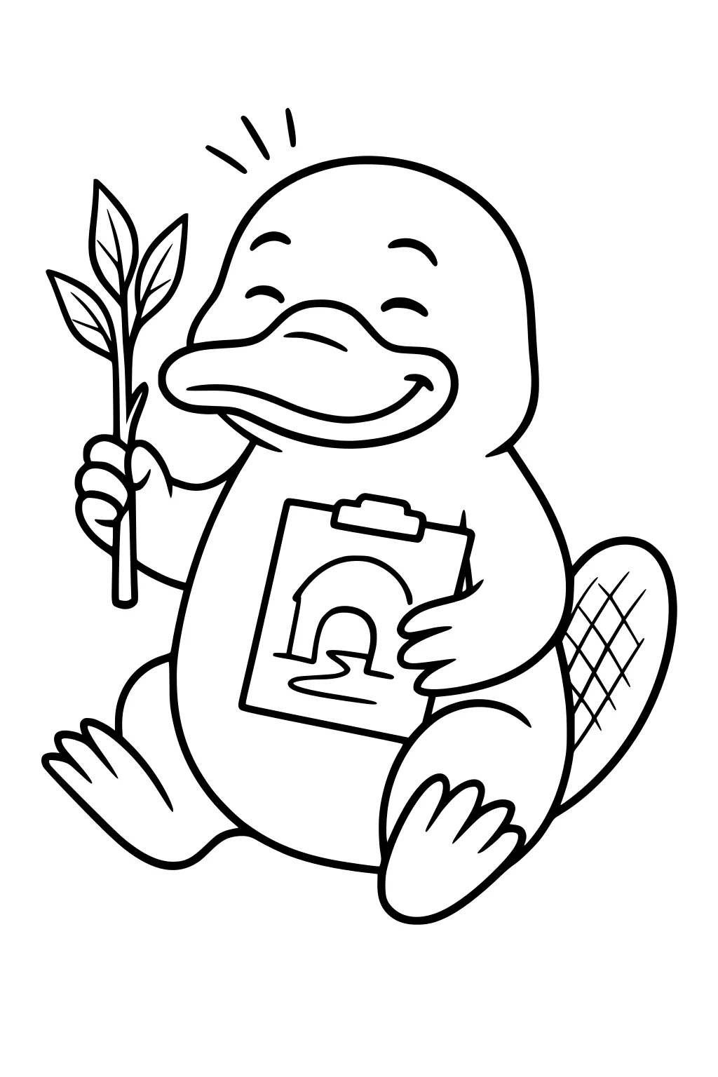 Platypus sits holding a leafy stick and a clipboard with a tunnel drawing, smiling with eyes closed.