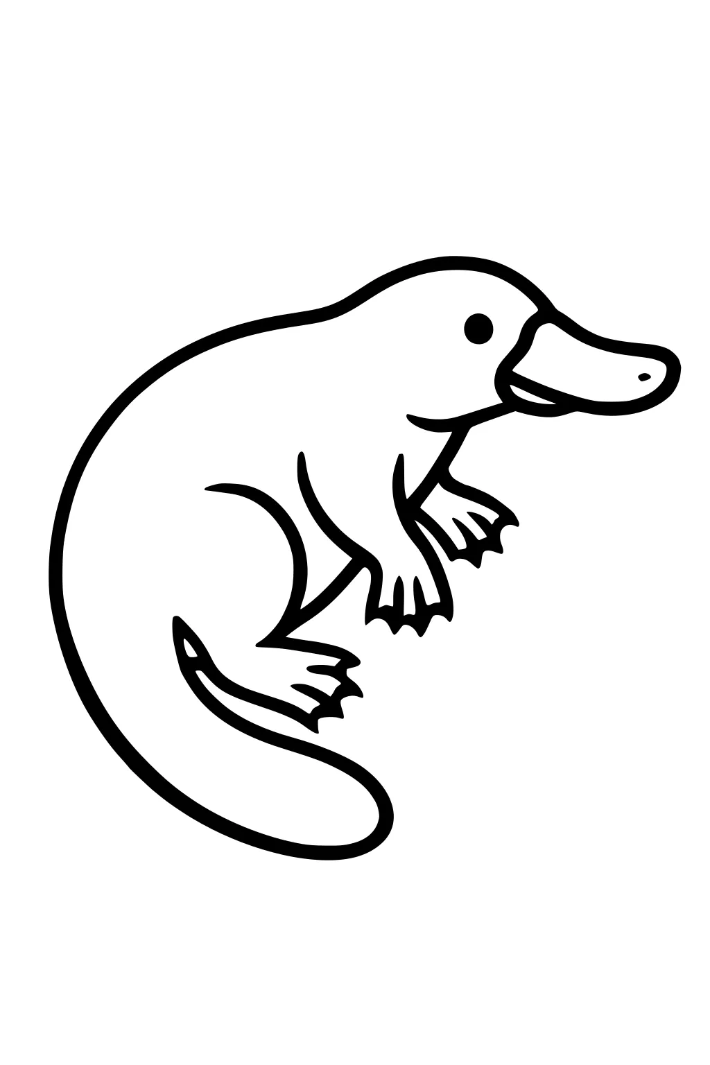 Simple cartoon platypus with wide bill, webbed feet, and a long tail, outlined in black on a white background.