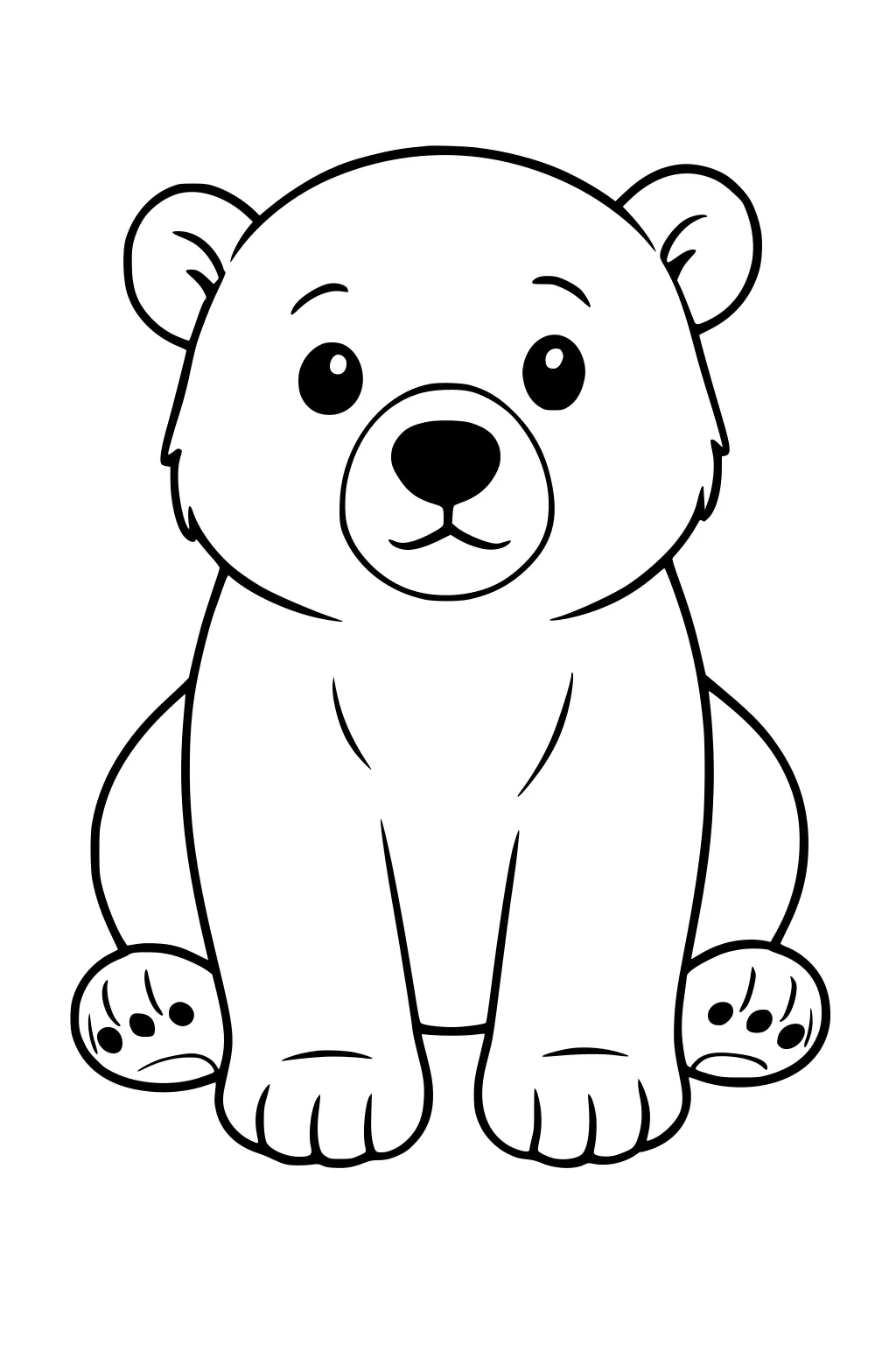 Polar bear cub sitting with front paws showing, round ears, black nose, and big eyes, drawn in simple cartoon style.