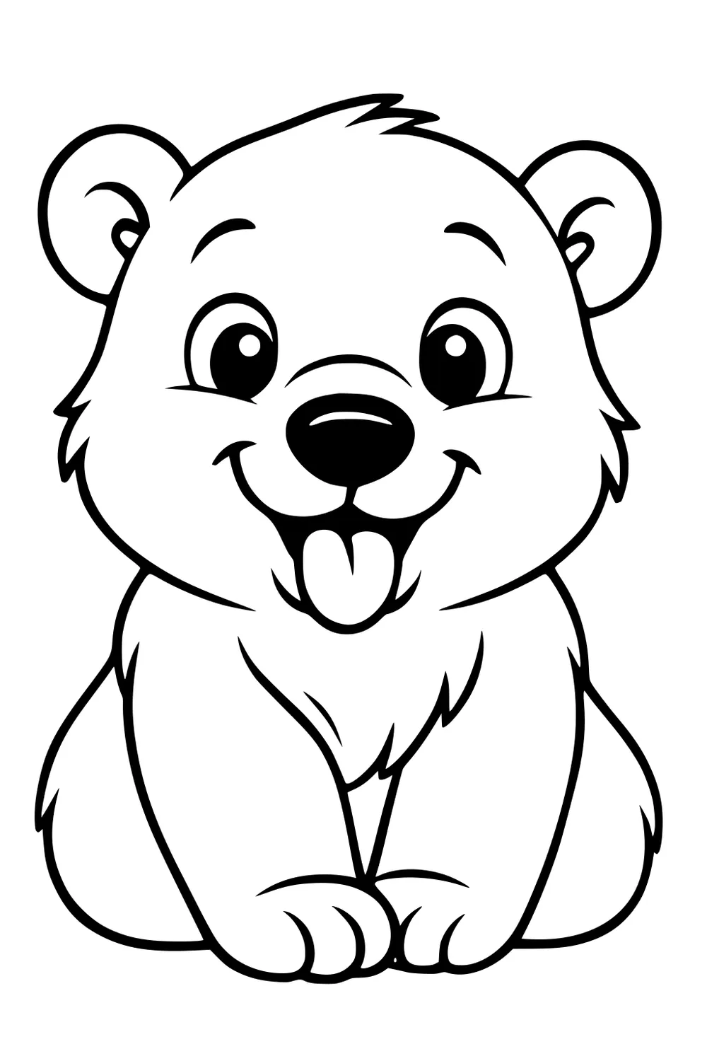 Cartoon polar bear cub sitting with tongue out, big eyes, fluffy cheeks, and paws close together.