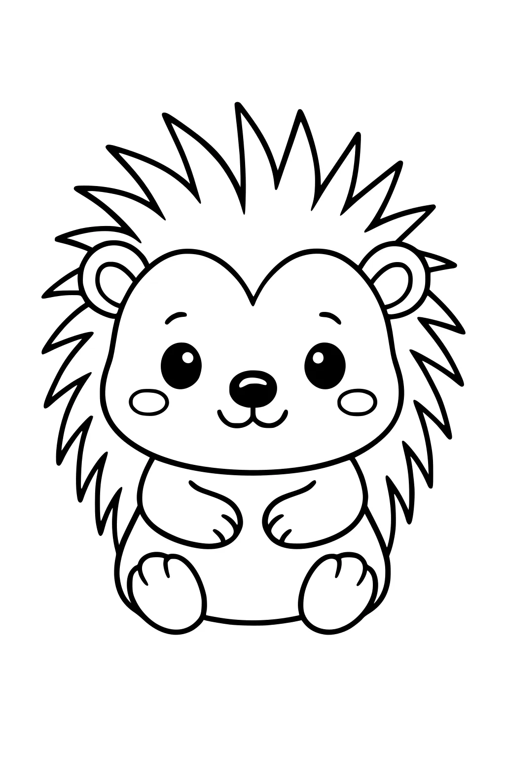 Cartoon porcupine sitting upright with spiky quills, round cheeks, big eyes, small ears, and a gentle smile.
